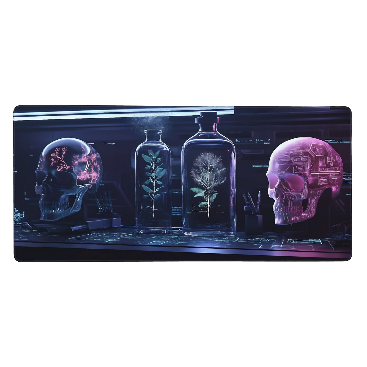 Aesthetic Skull Gaming Mouse Pad, Purple Cyber Desk Mat with Anti-Slip Base & Stitched Edges,35.4"