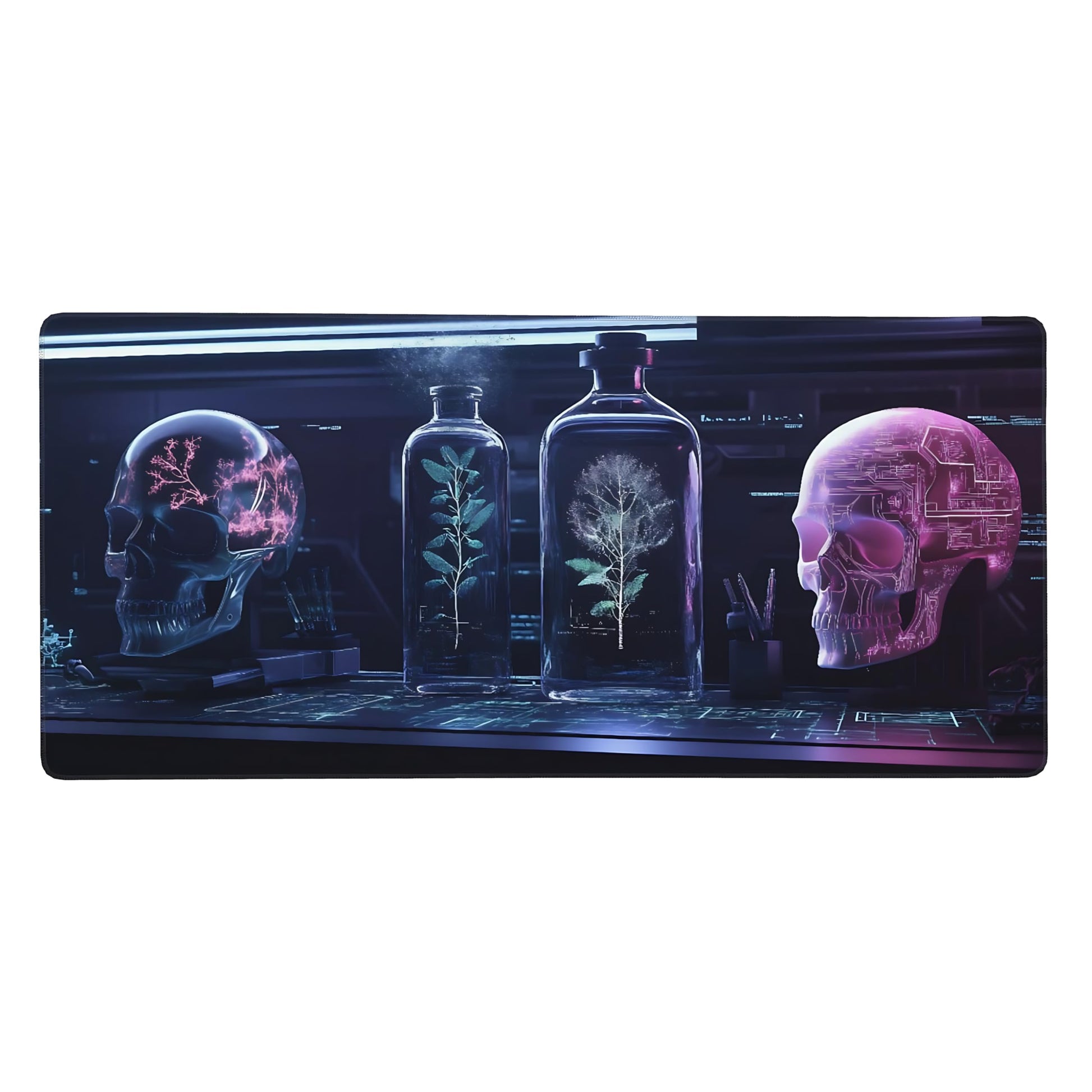 Aesthetic Skull Gaming Mouse Pad, Purple Cyber Desk Mat with Anti-Slip Base & Stitched Edges,35.4"