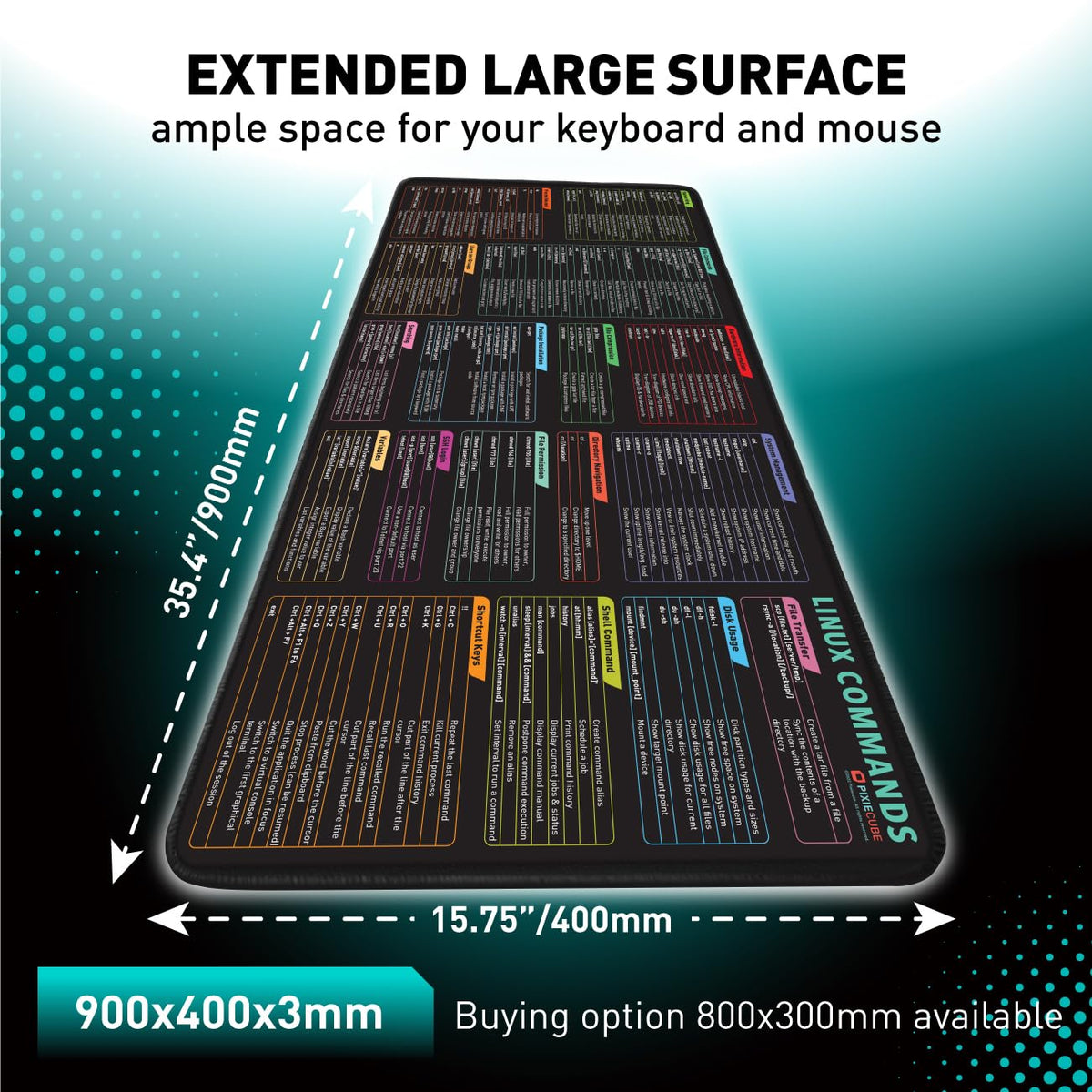 Pixiecube Linux Commands Line Mouse pad - Extended Large Cheat Sheet Mousepad. Shortcuts to