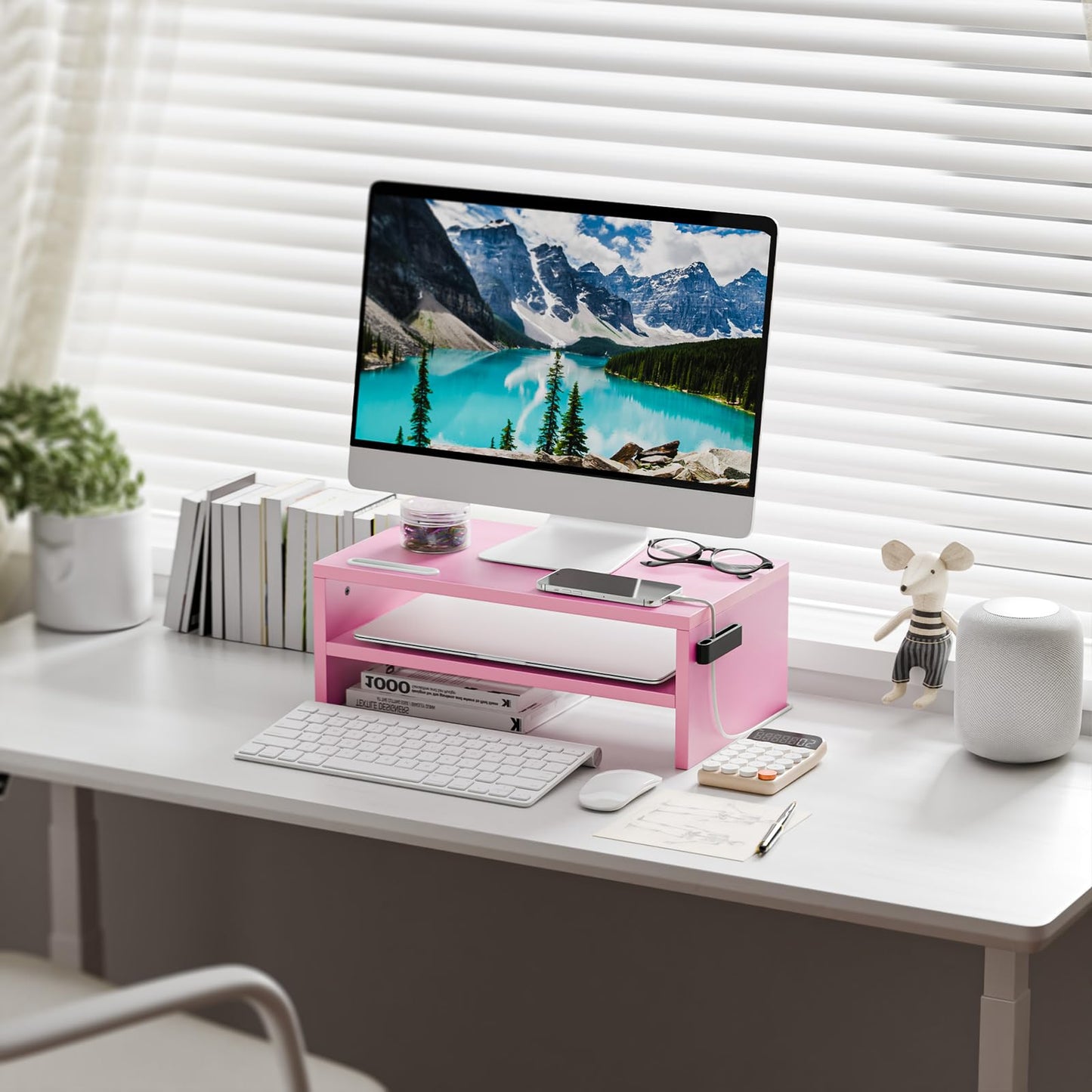 Marbrasse Wood Monitor Stand Riser,Desk Computer Printer Shelf Stand，Pink