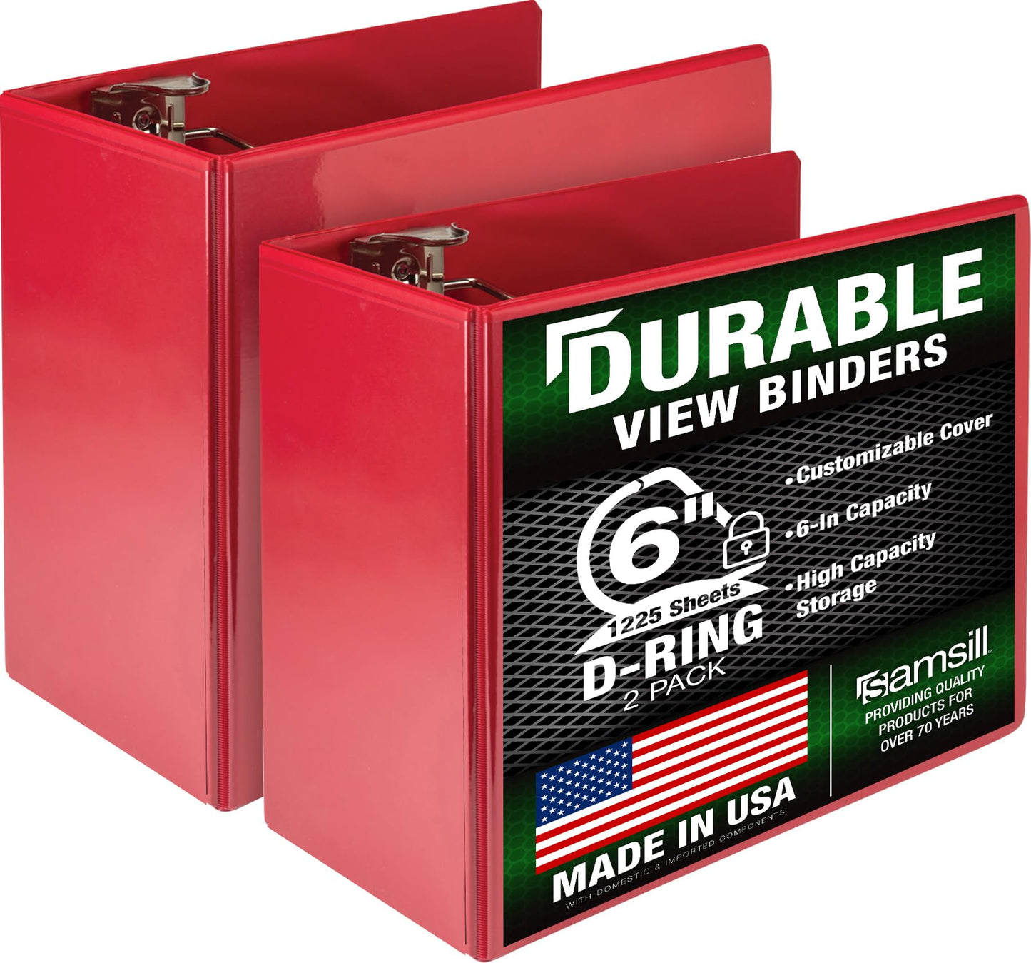 Samsill Durable 6 inch 3 Ring Binder, Locking D Ring Binder, Customizable Clear View Cover, Red