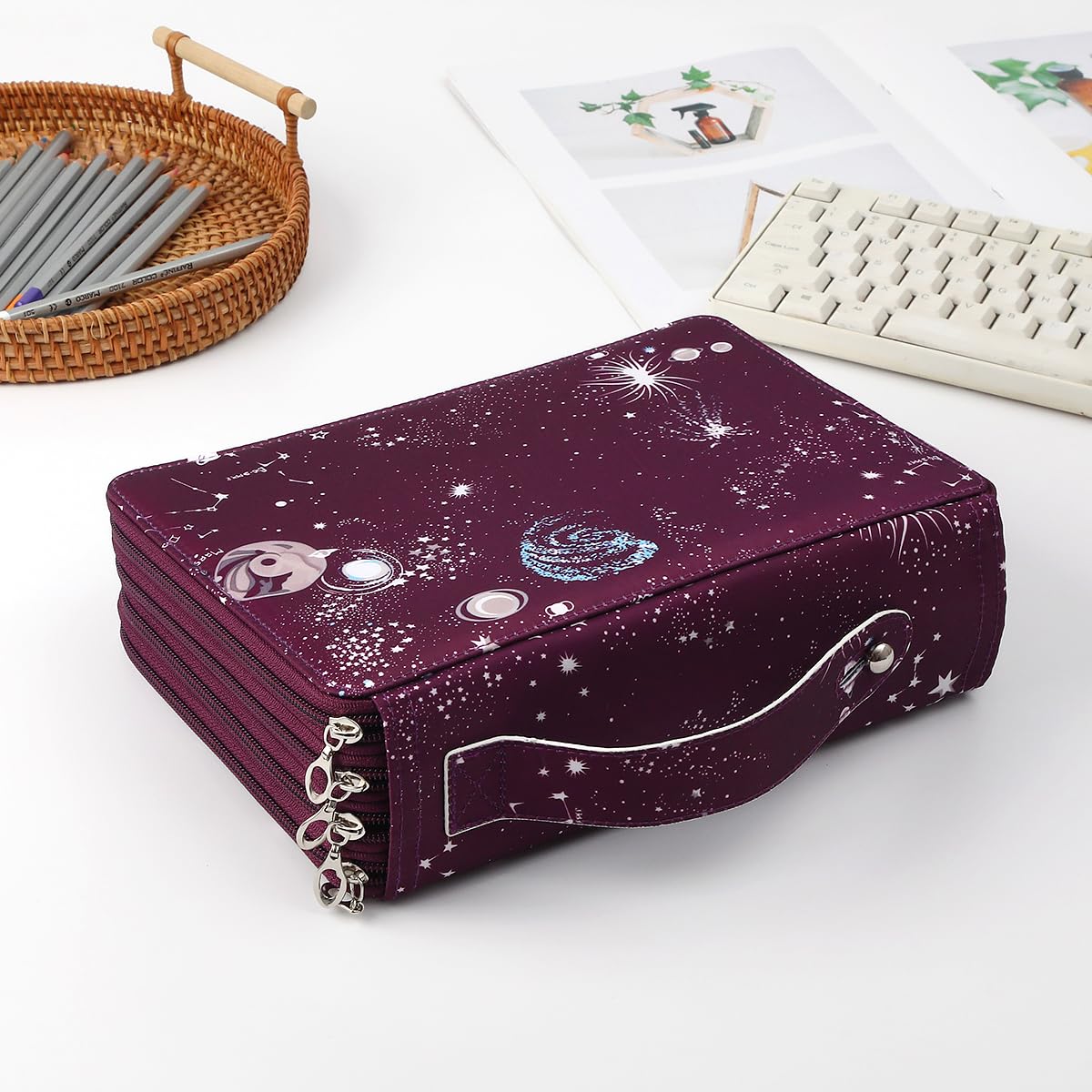 Lbxgap 200 Slots Canvas Pencil Case 4-Layer Zipped Holder w/Handle