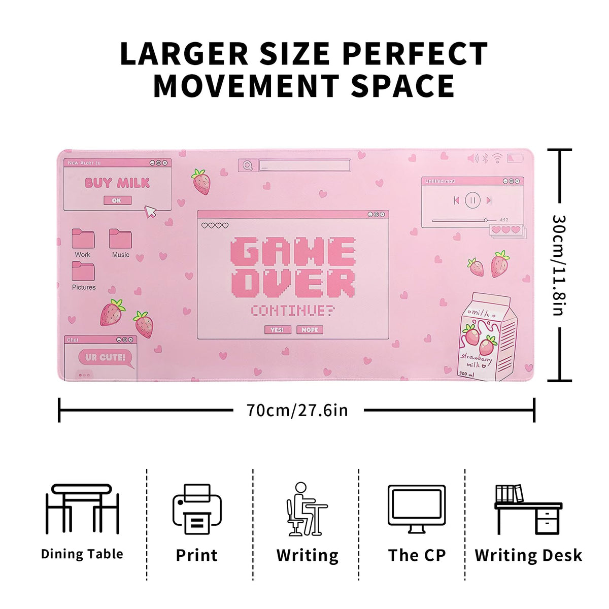 Pink Gaming Mouse Pad 27.6x11.8 Inch Pastel Game Over Large Mousepad Kawaii Office Decor for Women