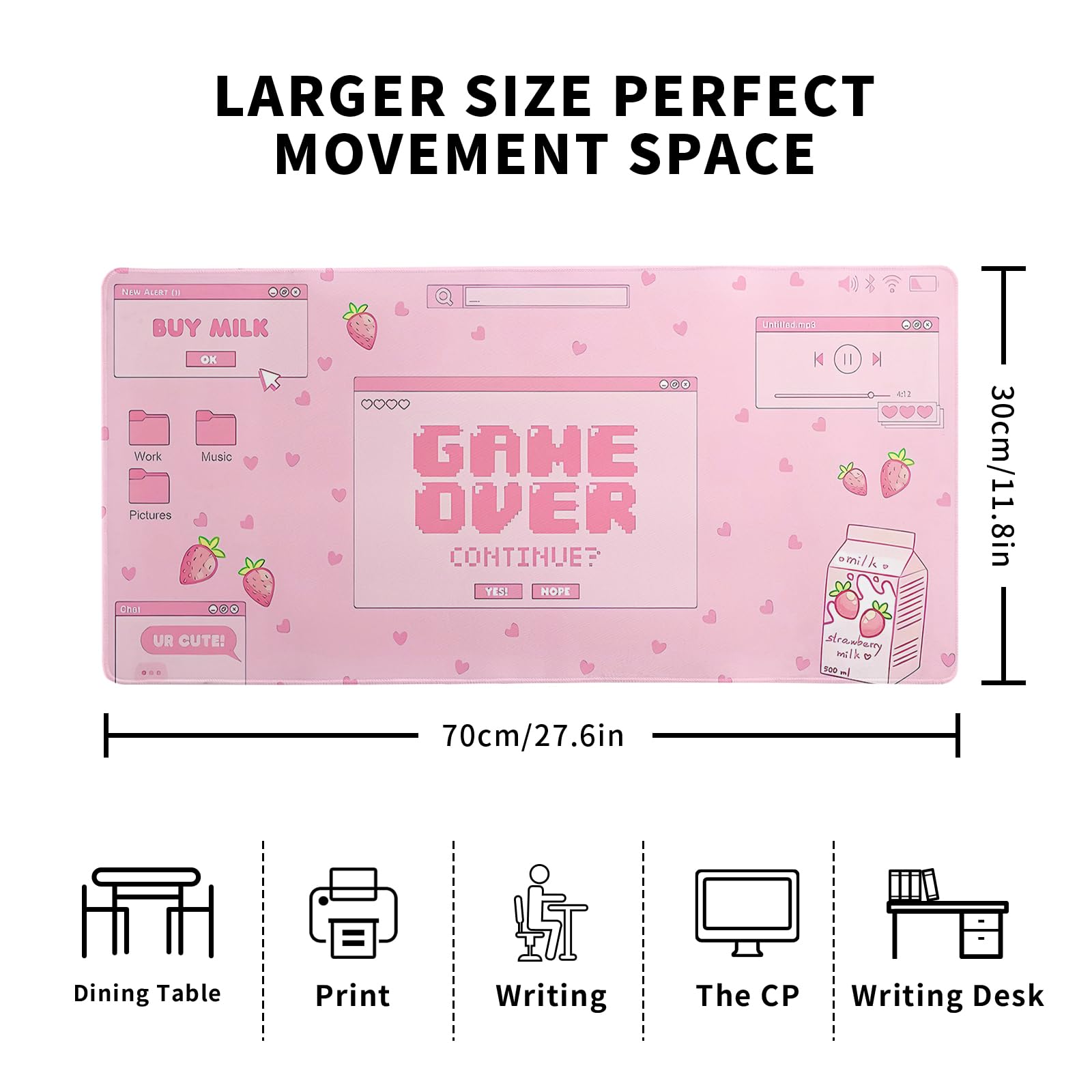 Pink Gaming Mouse Pad 27.6x11.8 Inch Pastel Game Over Large Mousepad Kawaii Office Decor for Women