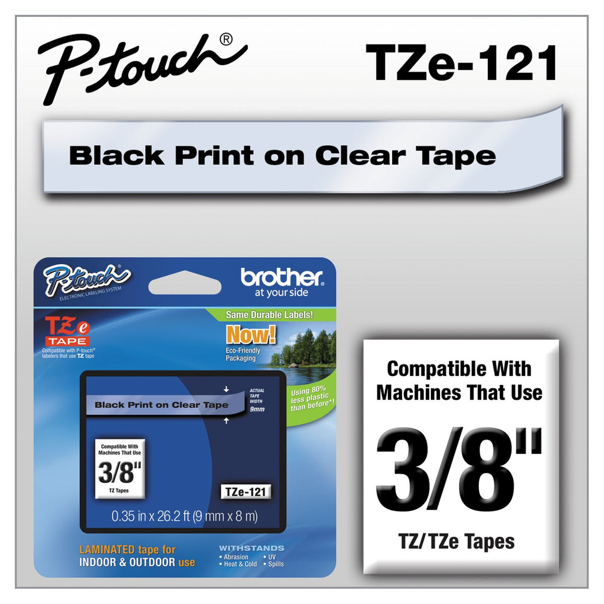 Brother Genuine P-Touch TZE-121 Tape, 9 mm (0.35") Standard Laminated P-Touch Tape, Black on Clear