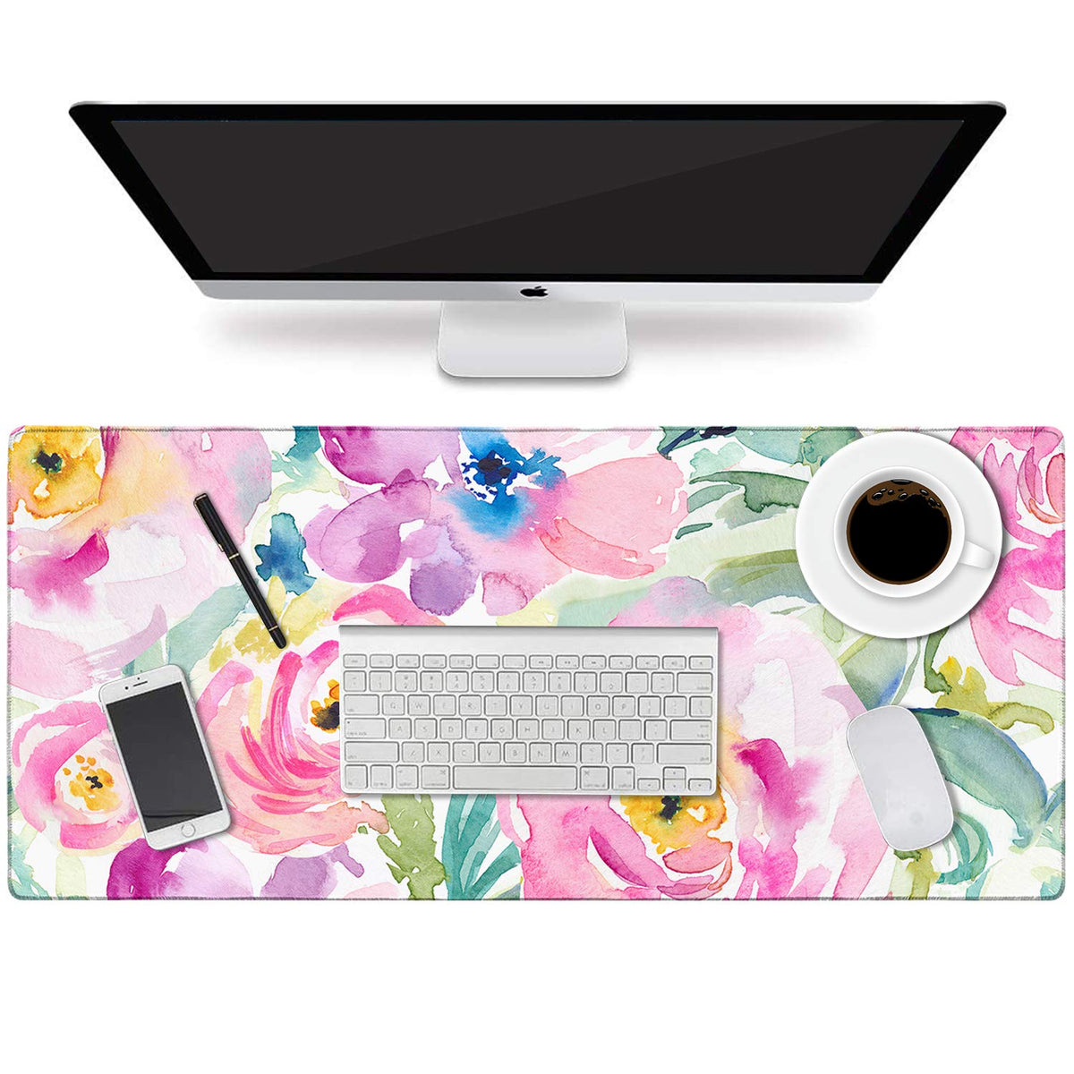 HAOCOO Floral Extended Desk Pad, Large Mouse Mat With Edge Stitching, 2 MM Thick Waterproof