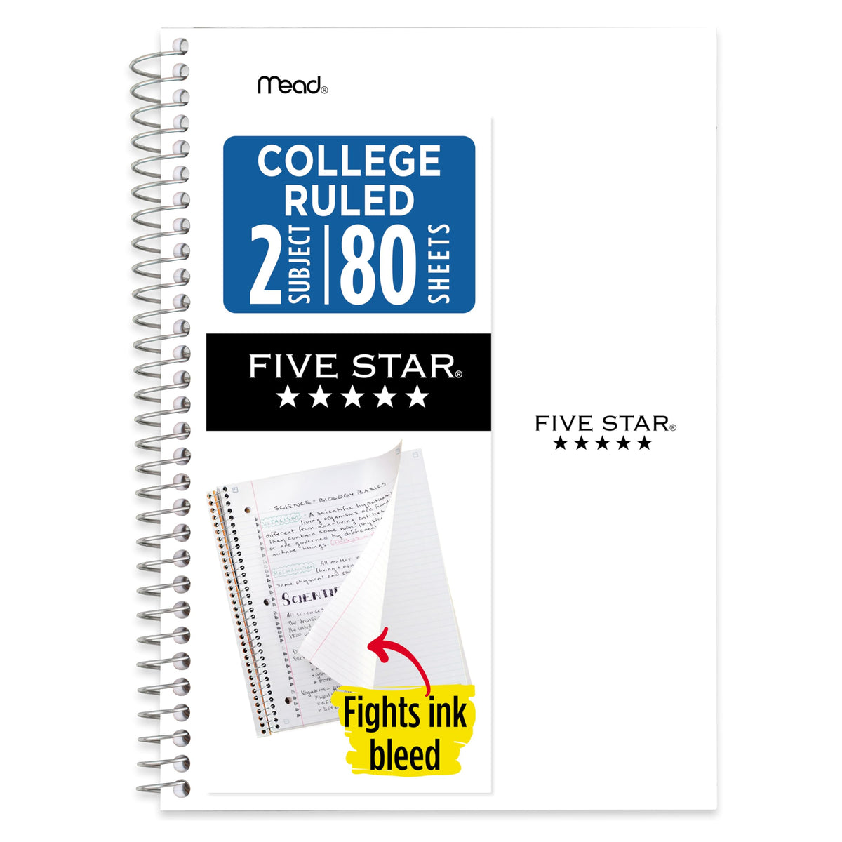 Five Star Spiral Notebook, 2 Subject, College Ruled Paper, 6" x 9-1/2", 80 Sheets, Fights Ink