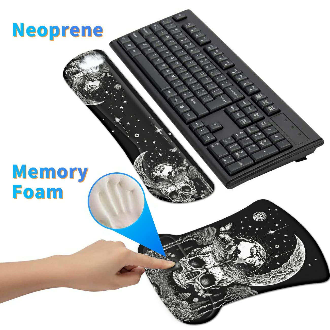 Ergonomic Memory Foam Keyboard Wrist Rest Pad Set, Skull Moon Butterfly