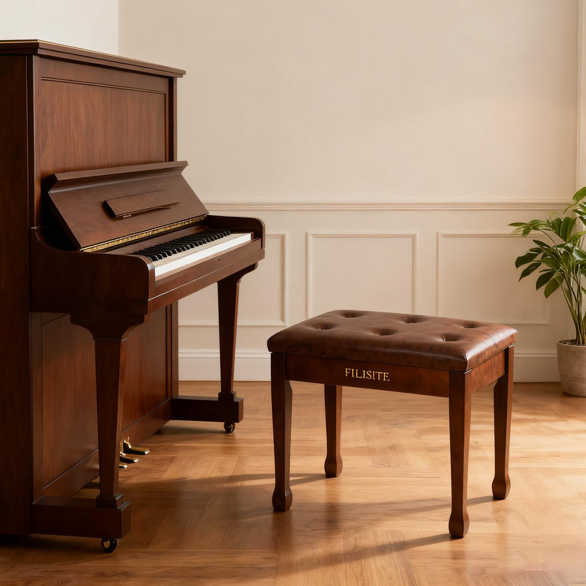 FILISITE Wooden Piano Bench with Storage, Piano Stool with Waterproof Padded Cushion, Bench Seat