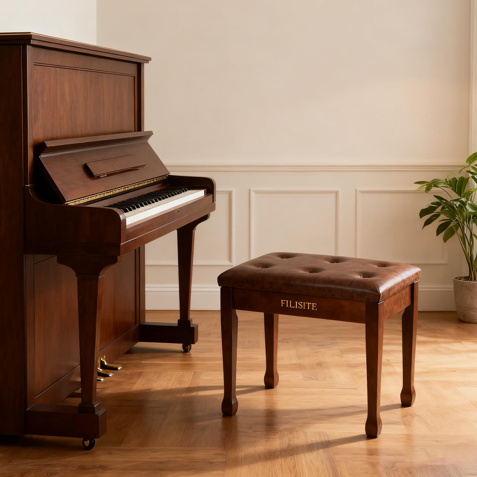 FILISITE Wooden Piano Bench with Storage, Piano Stool with Waterproof Padded Cushion, Bench Seat
