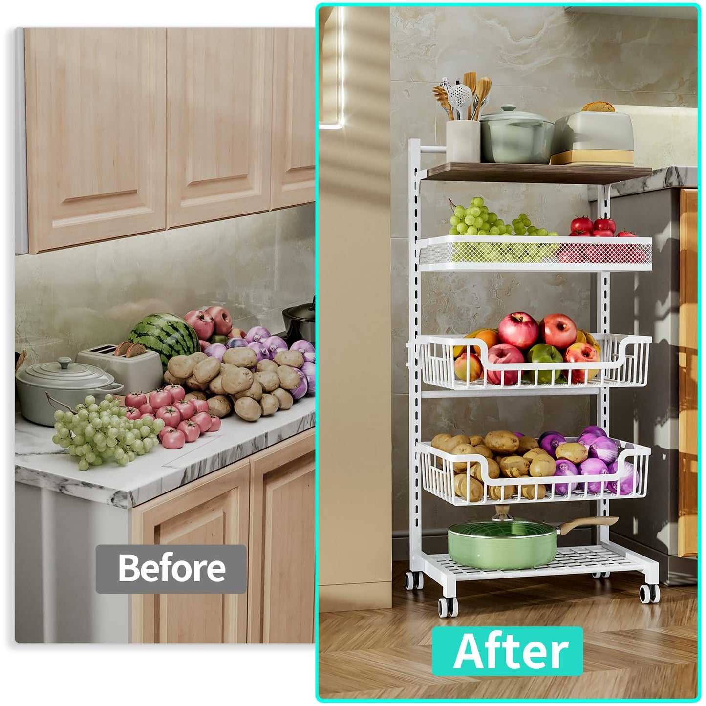 HapiRm Fruit Basket Kitchen Cart - 5 Tier Adjustable Vegetable Storage Rack, Large Capacity Rolling