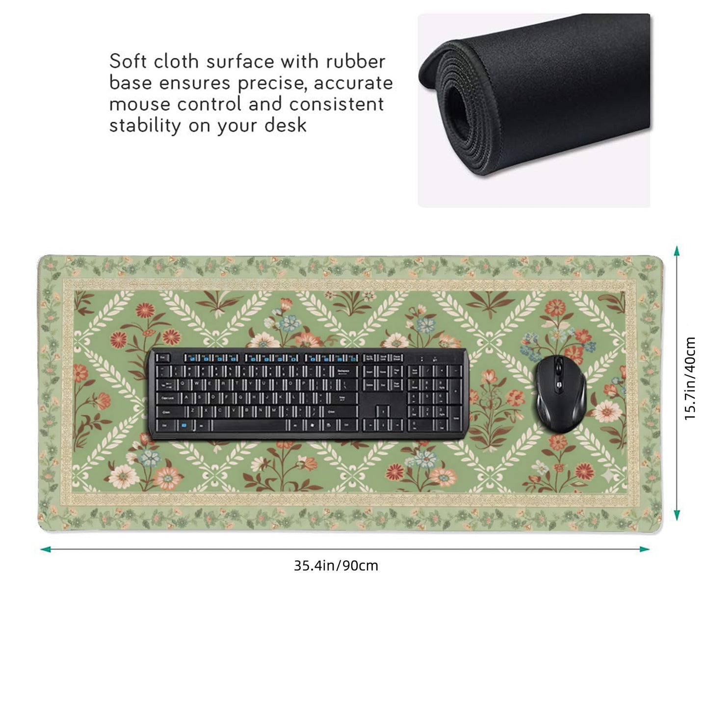 XXL Large Floral Mouse Pad - Sage Green Flower Desk Mat with Stitched Edges & Anti-Slip Base