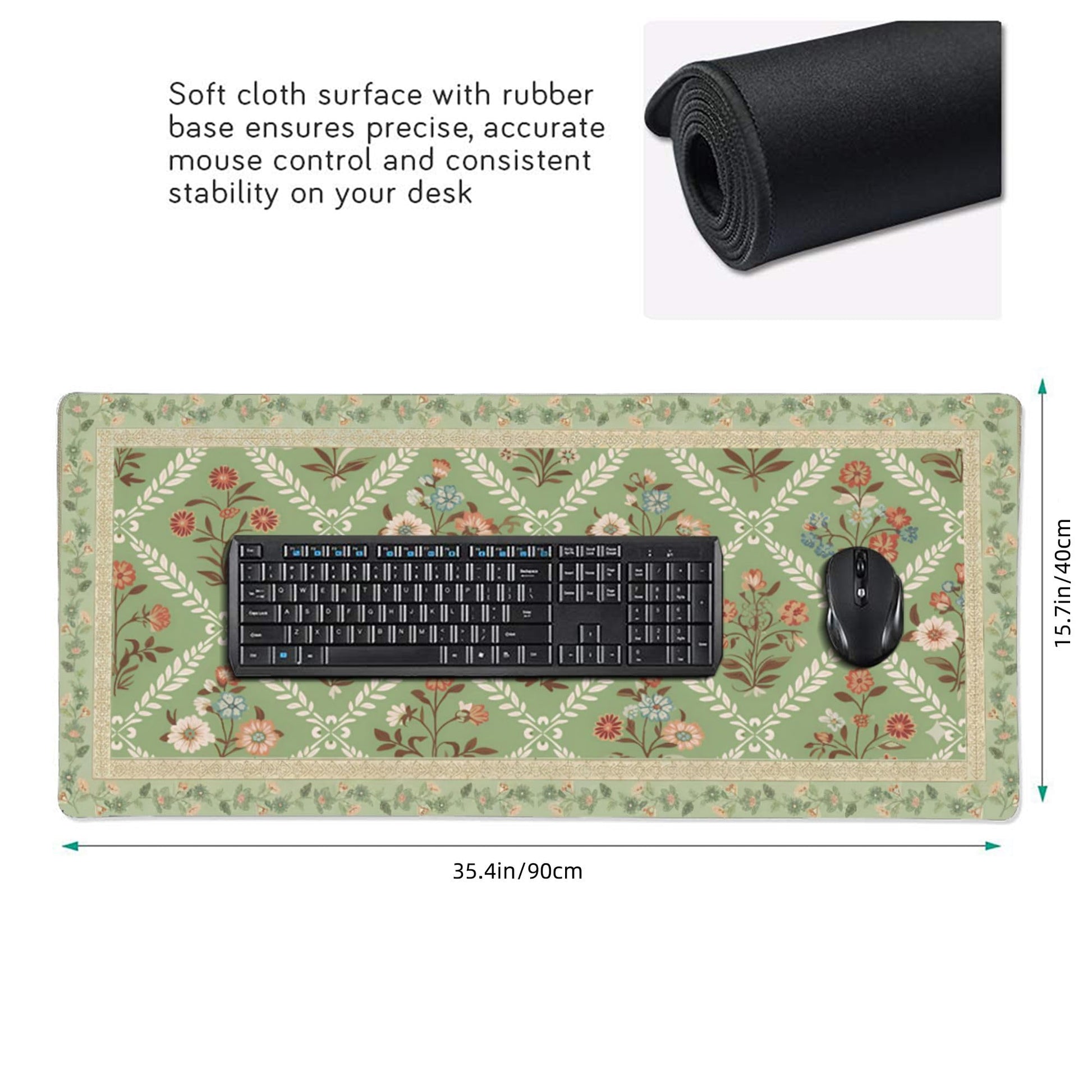 XXL Large Floral Mouse Pad - Sage Green Flower Desk Mat with Stitched Edges & Anti-Slip Base