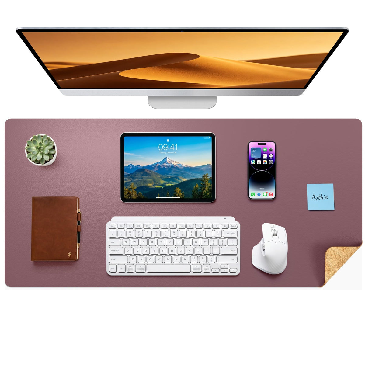 Aothia Dual-Sided Desk Mat, FSC Cork & PU Leather Desk Pad, Large Mouse Pad & Writing Surface for