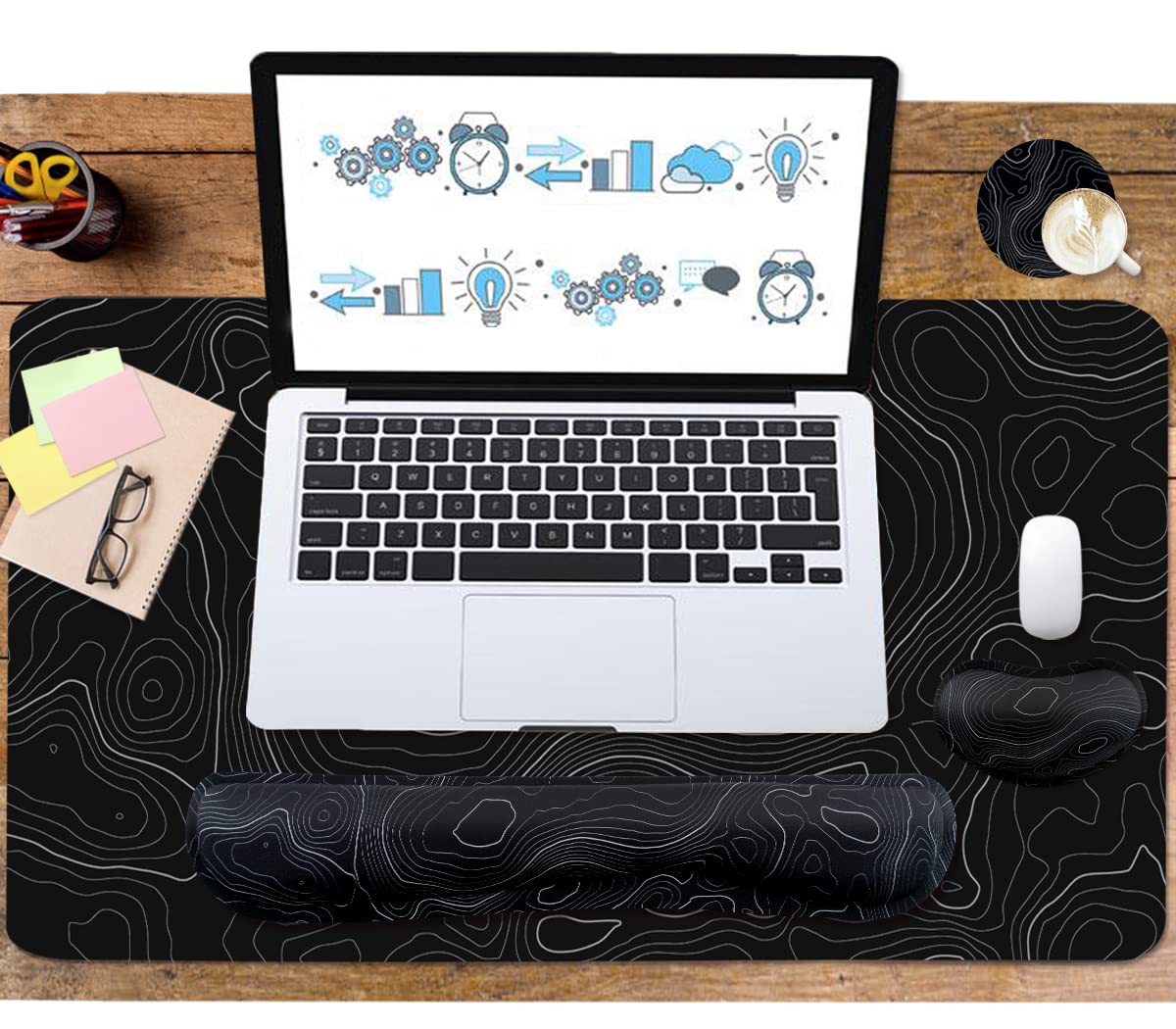 Topographic Mouse Pad Set, Extended Mouse Pad+Keyboard Wrist Rest, Memory Foam Ergonomic Easy