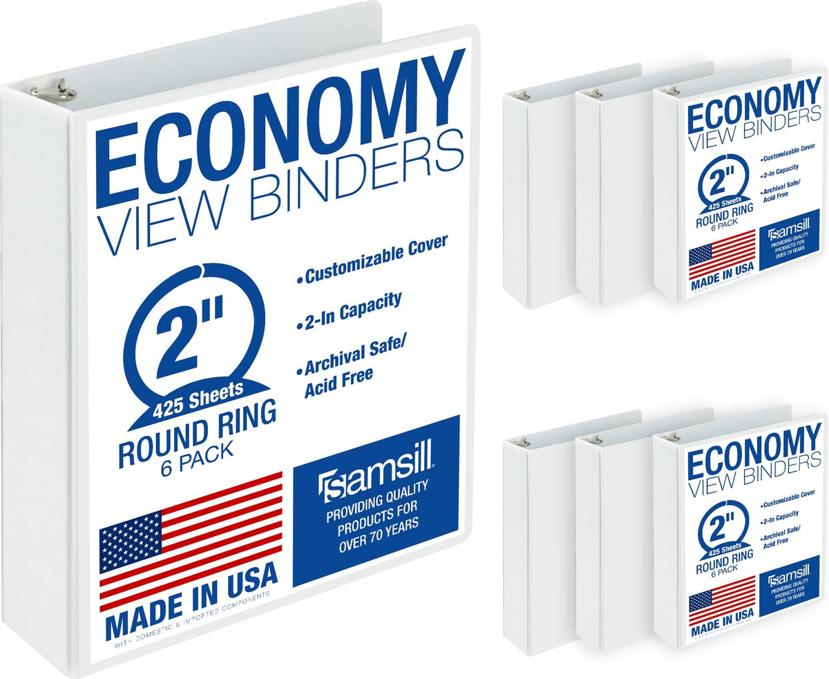 Samsill 2 Inch 3 Ring Binders, Economy Round Ring, Clear View Cover, 425 Sheet Capacity - for