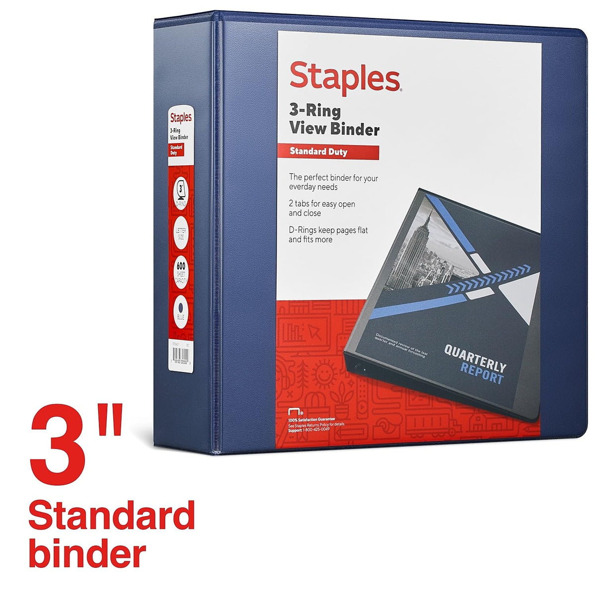 Staples Standard 3-Inch 3-Ring View Binder, Blue, 600 Sheets