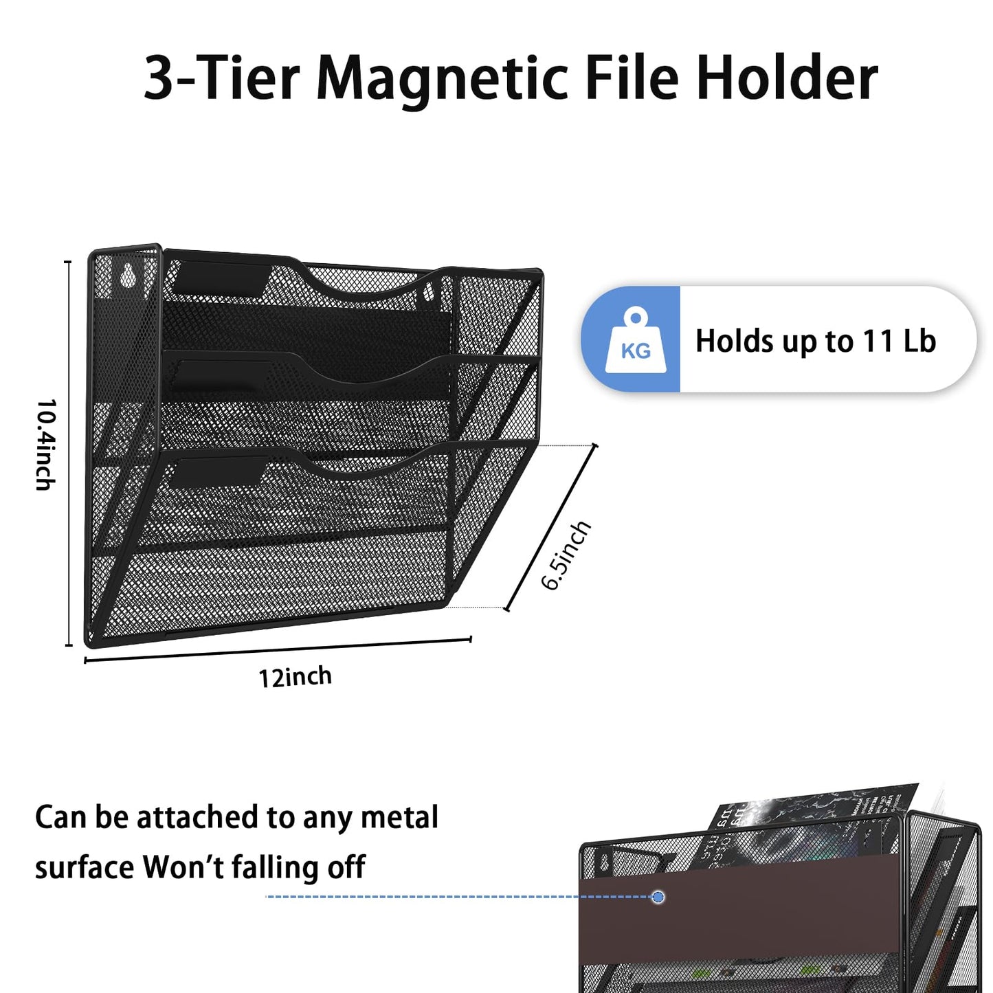 LQPAFZ 3-Tier Magnetic File Holder, No Drilling Installation File Cabinet Organizer, Black Magnetic