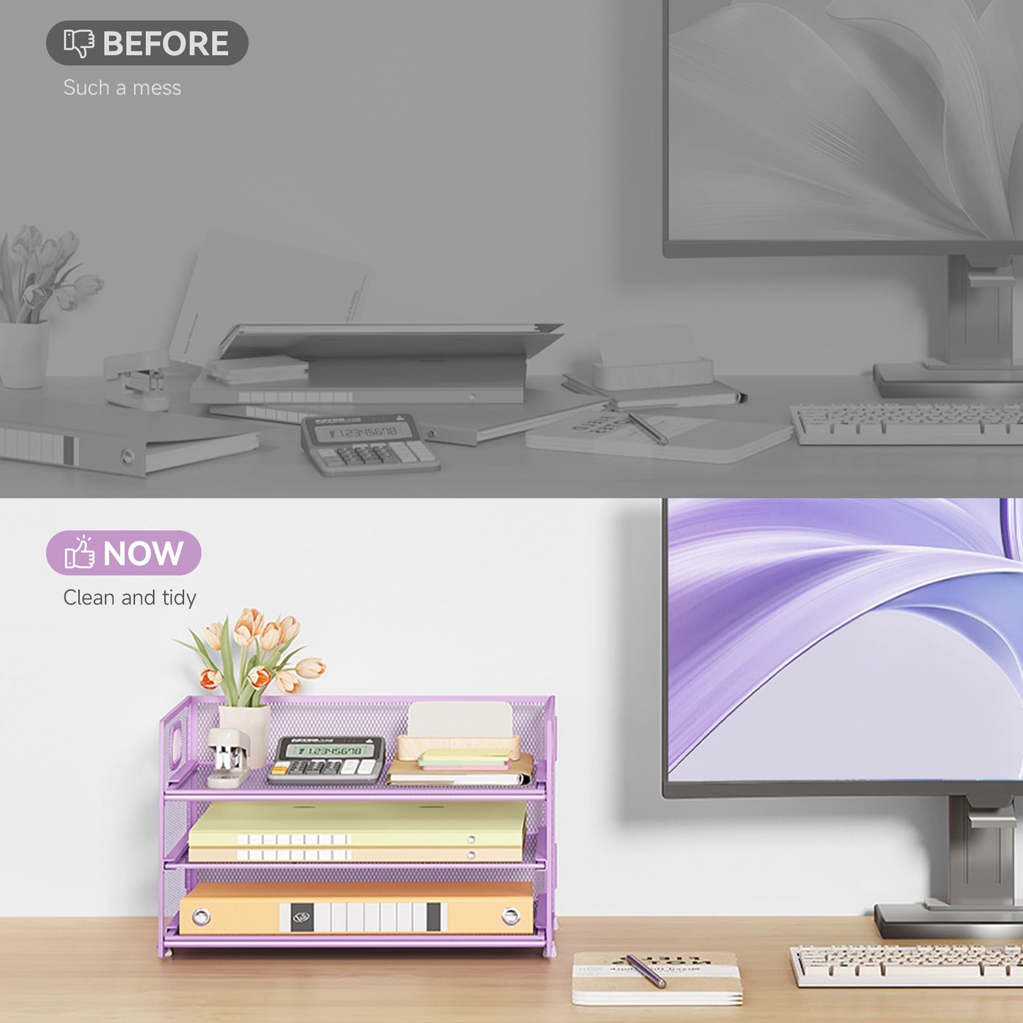 Subekyu 3 Tier Letter Tray Paper Organizer with Handle and 1 PC Sliding Tray, Purple Metal Mesh