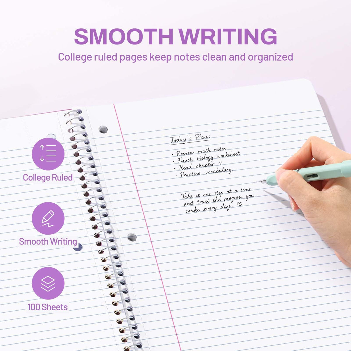 SUNEE Spiral Notebook, 1-Subject, College Ruled Paper, 8" x 10-1/2", 100 Sheets per Notebook