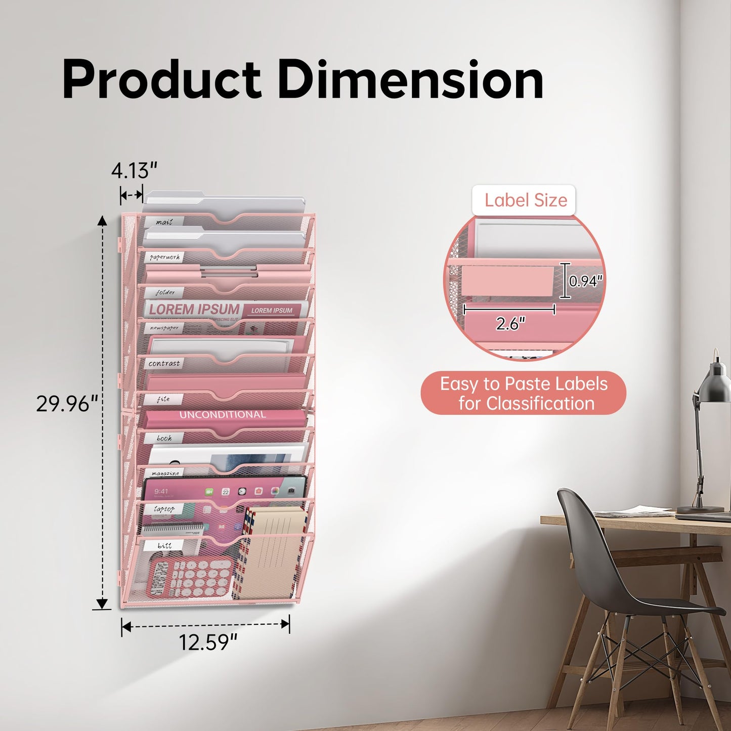 JMHUD 10-Tier Wall File Organizer and Hanging File Organizer, Pink
