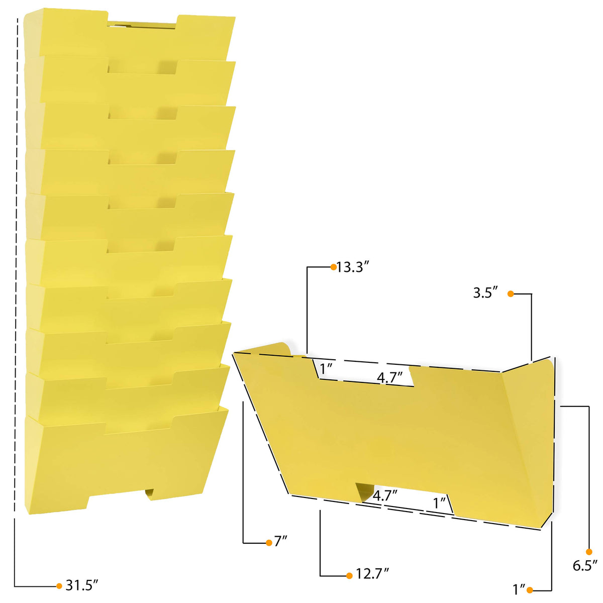 Wallniture Lisbon 10-Tier Metal Wall File Holder Organizer for Organization and Storage, Yellow