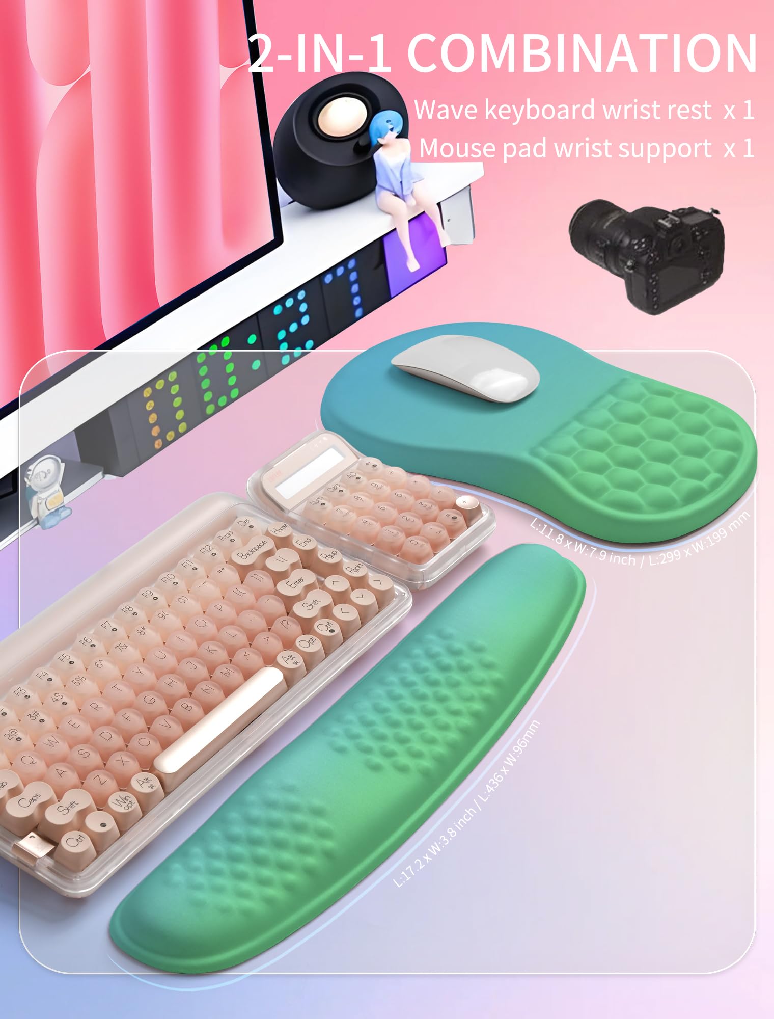 Hokafenle 2in1 Combination, Wave Keyboard Wrist Rest and Ergonomic Curvature Mouse Pad Wrist