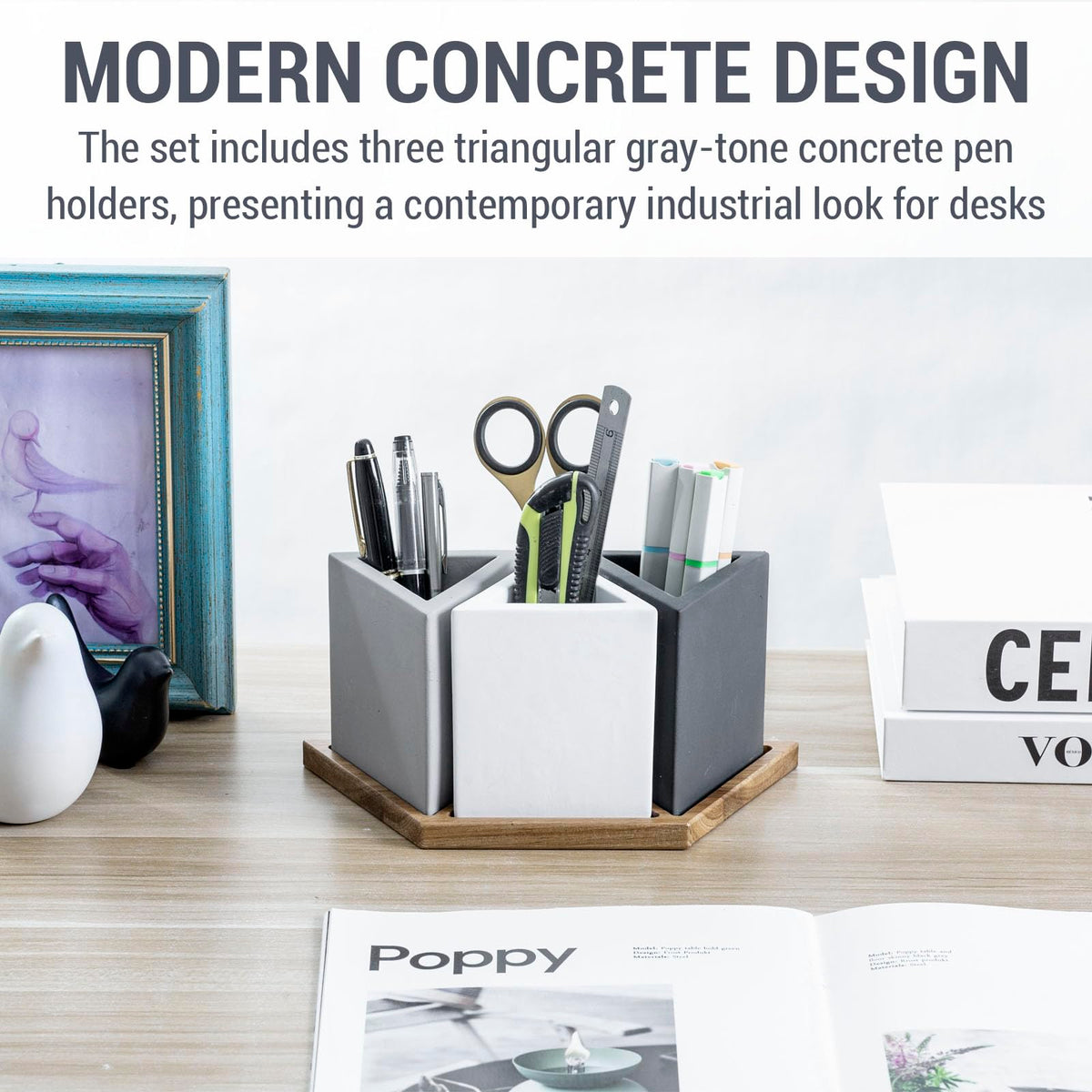 MyGift Modern Concrete Desk Organizer Set with 3 Triangular Gray-Tone Pen Holders and Acacia Wood