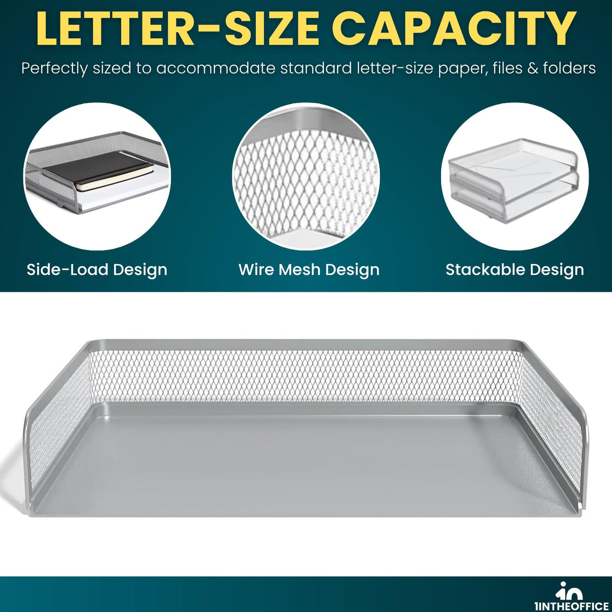 1InTheOffice Desk Tray, Letter Tray, Stackable, Side Load, Silver Mesh, 2 Pack
