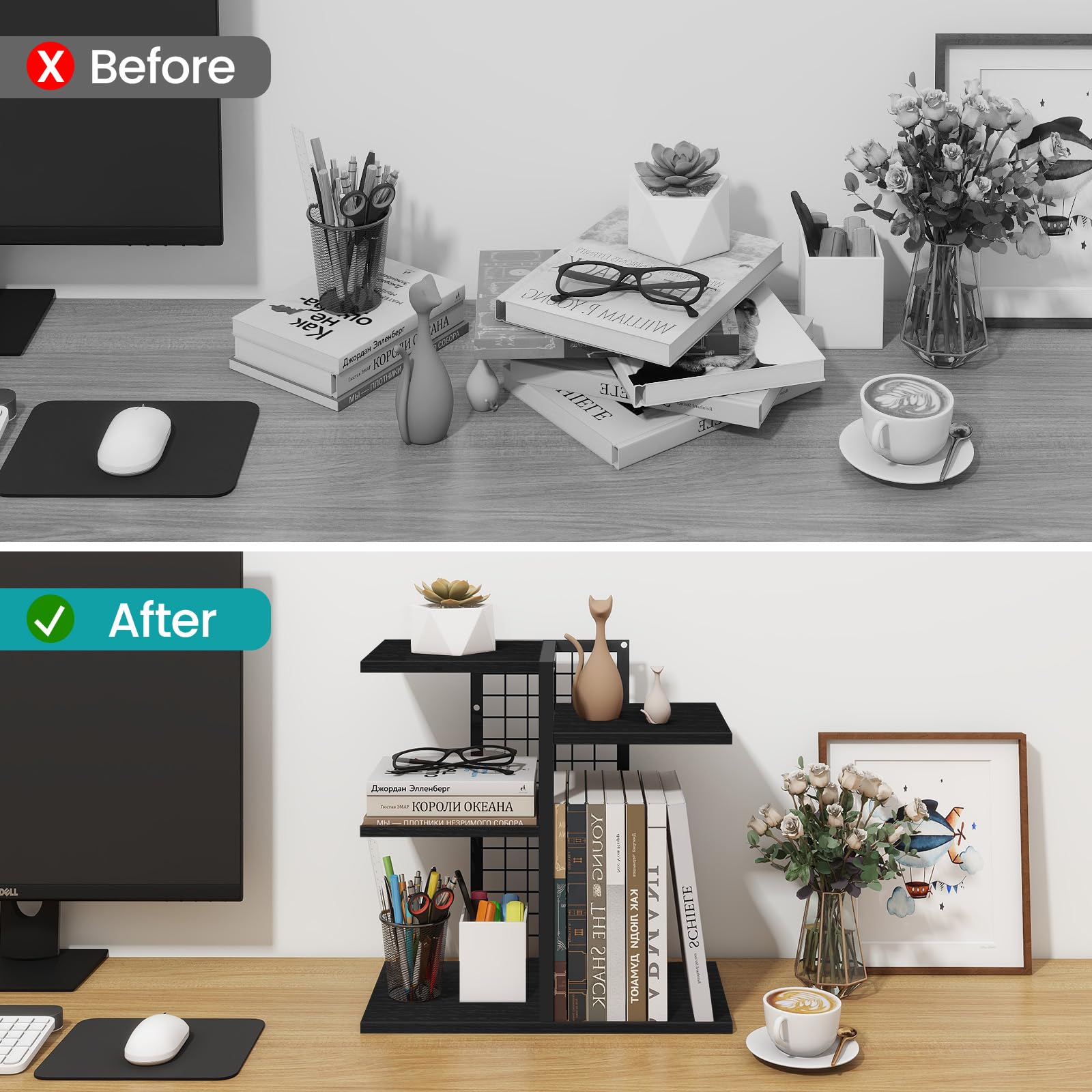 ELITEROO Desktop Bookshelf, 4 Tier Wood Desk Organizer Shelf, Tabletop Storage Shelf Rack for