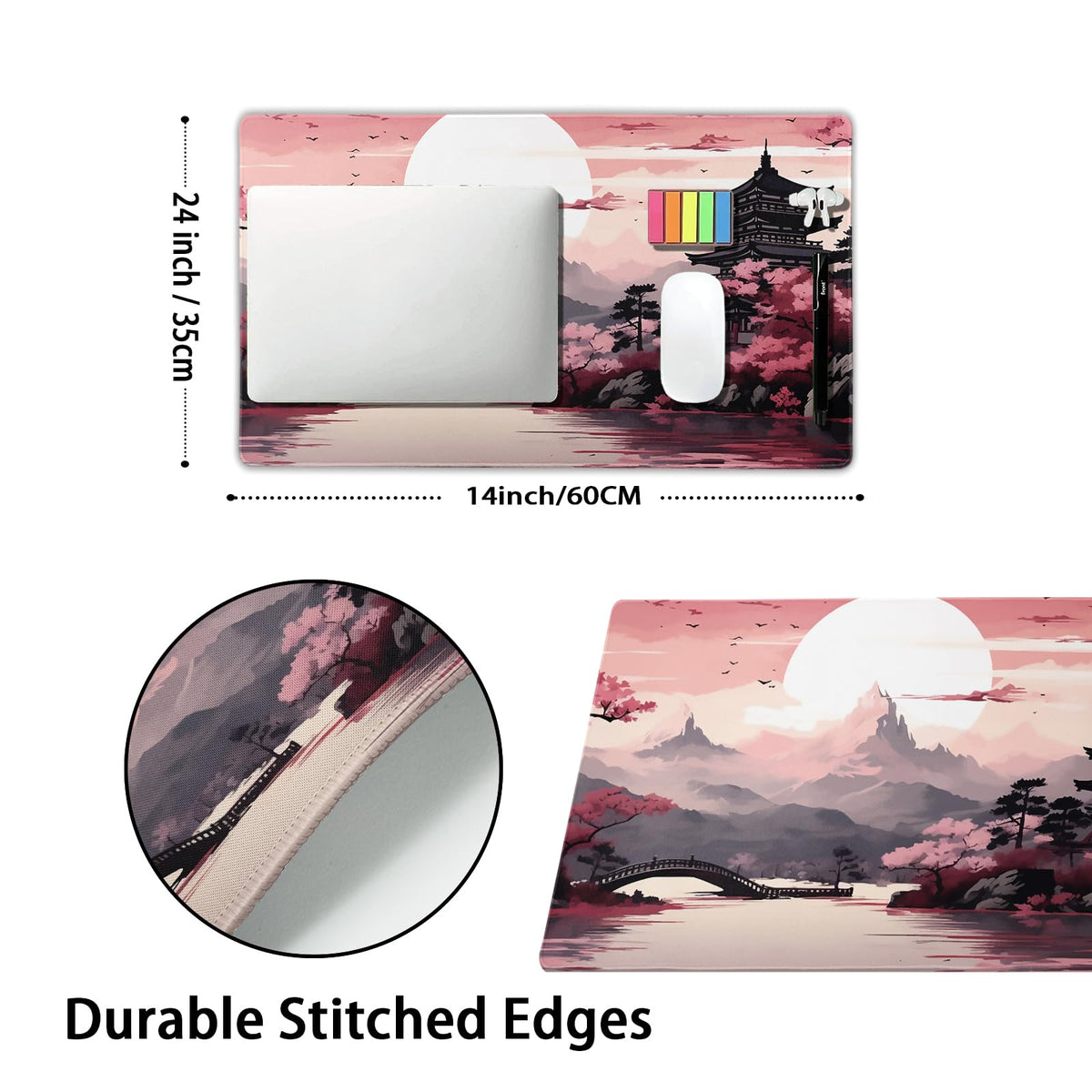 Pink Japanese Sakura Gaming Mouse Pad Large XL Cherry Blossom Tower Mountain Landscape Extended