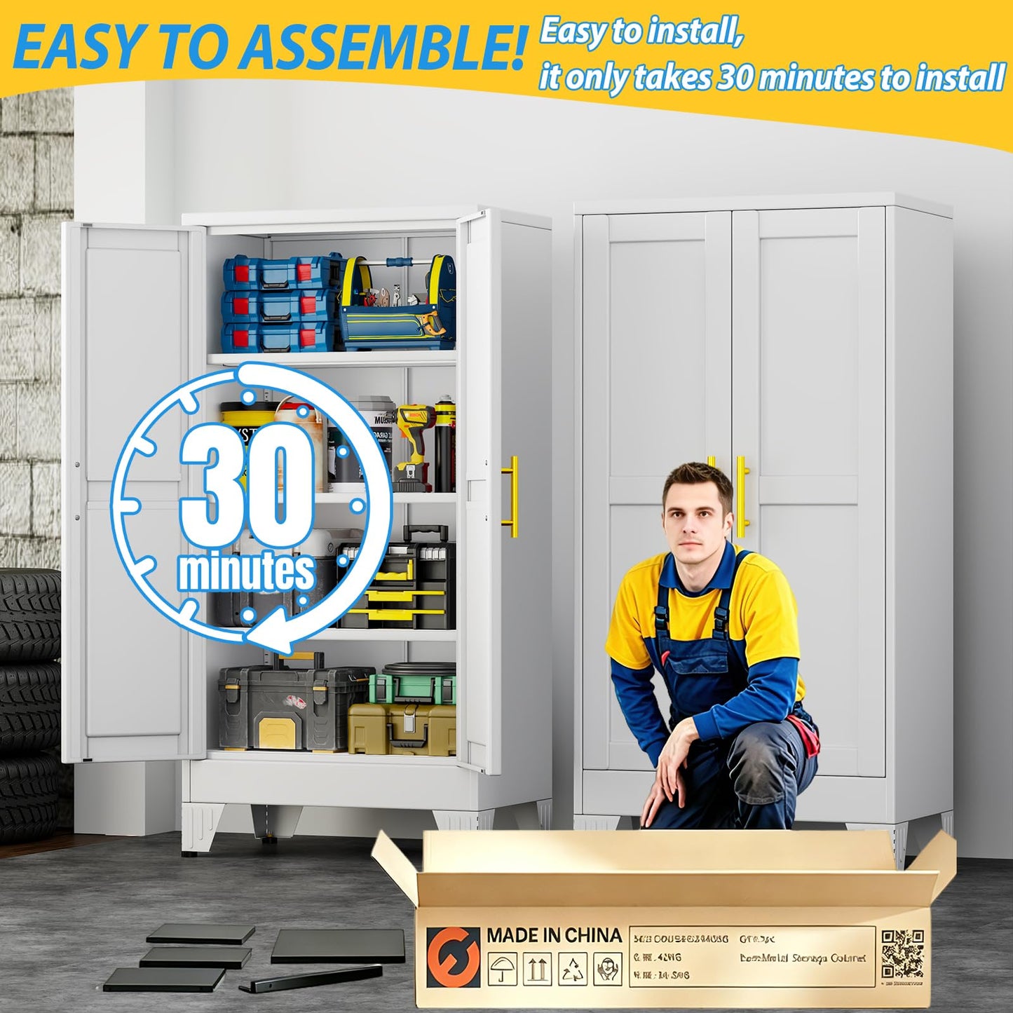 PAOFIN Metal Storage Cabinet with 2 Doors and 3 Adjustable Shelves, Metal Garage Storage Cabinets