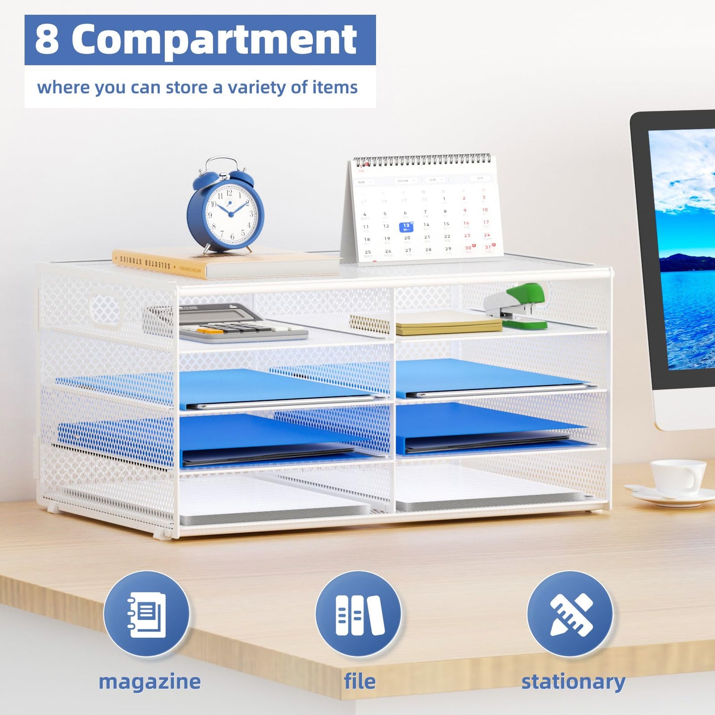 Lavatino 8 Compartments Paper Organizer for Desk, Mesh Literature Organizer, Mail File Sorter Tray