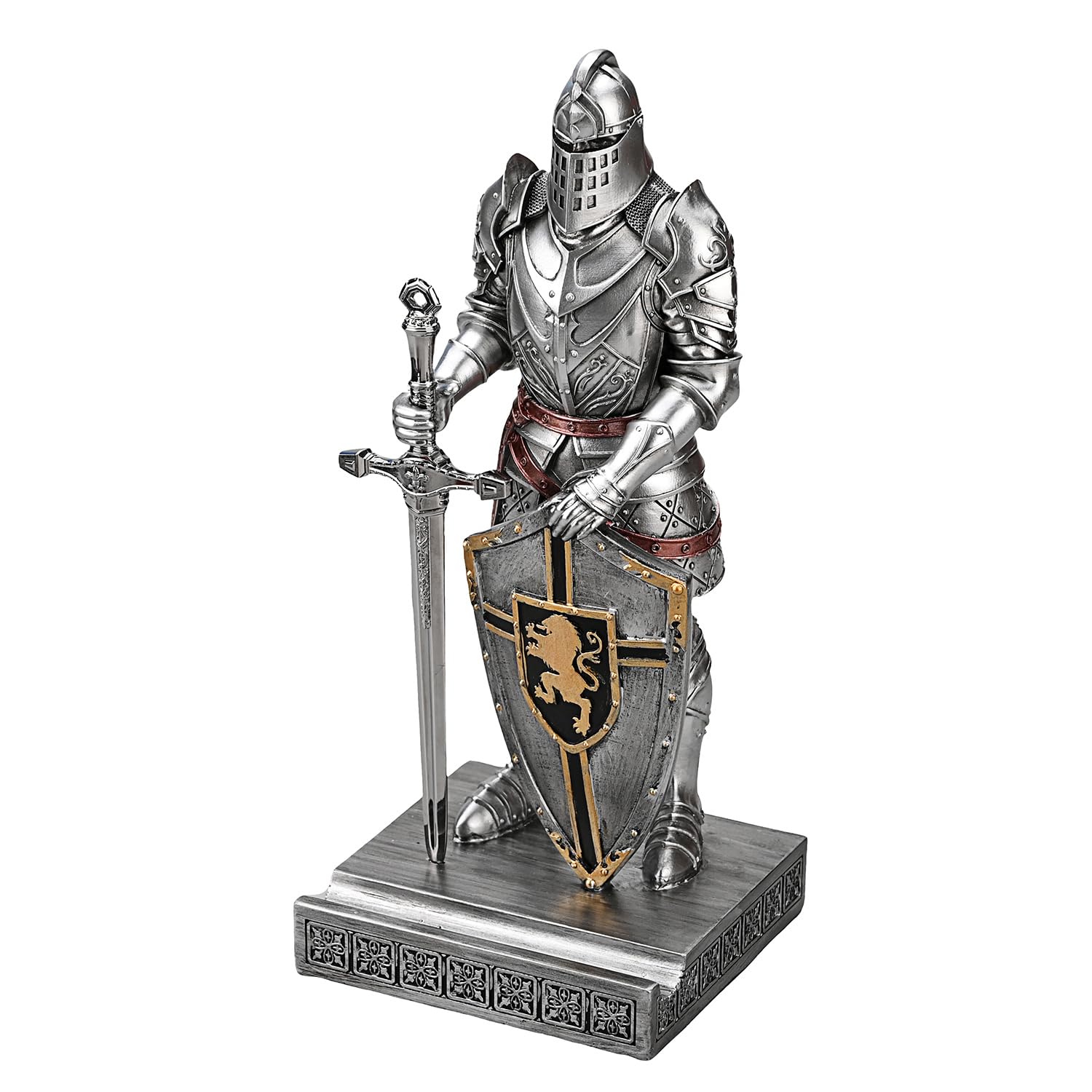 HDMbigmi King's Guard Knight Pen Holder Statue with Shield for Desk Silver