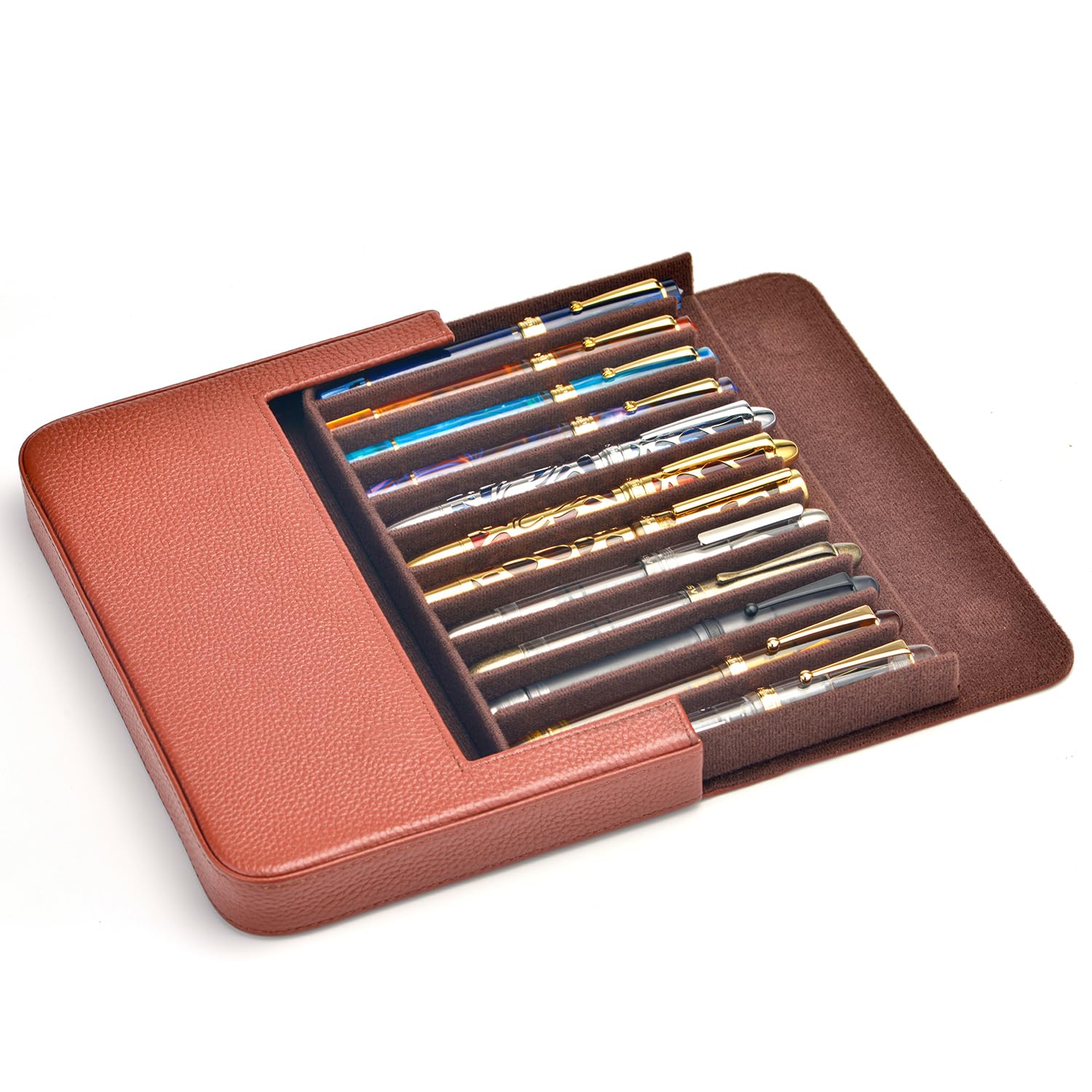 Lanxivi 12 Fountain Pen Case Genuine Coffee Leather Organizer, Portable Pen Bag Pouch Drawer Style