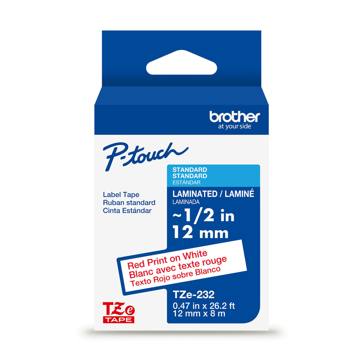 Brother Genuine P-Touch TZe Red Print on White Label Tape (TZe232), Laminated,1/2in x 26.2ft (12mm