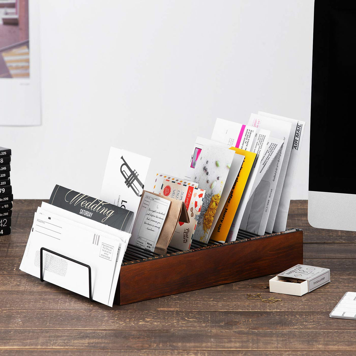 JACKCUBE Design Wood Monthly Office Desktop Bill & Mail & File Organizer Storage with Steel Divider