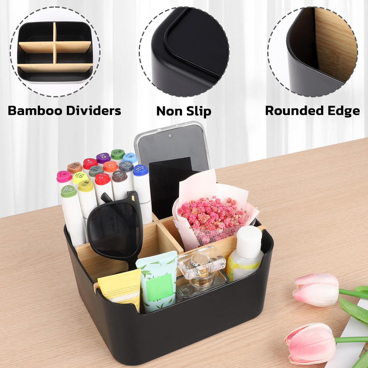 Segarty Black Desktop Organizer, Detachable Bamboo Remote Control Holder, Desk Storage Box Pencil