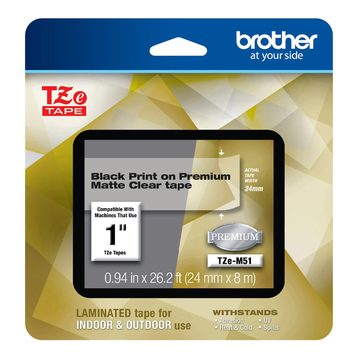 Brother P-Touch TZe-M51 Black Print on Premium Matte Clear Laminated Tape 24mm (0.94”) Wide x 8m