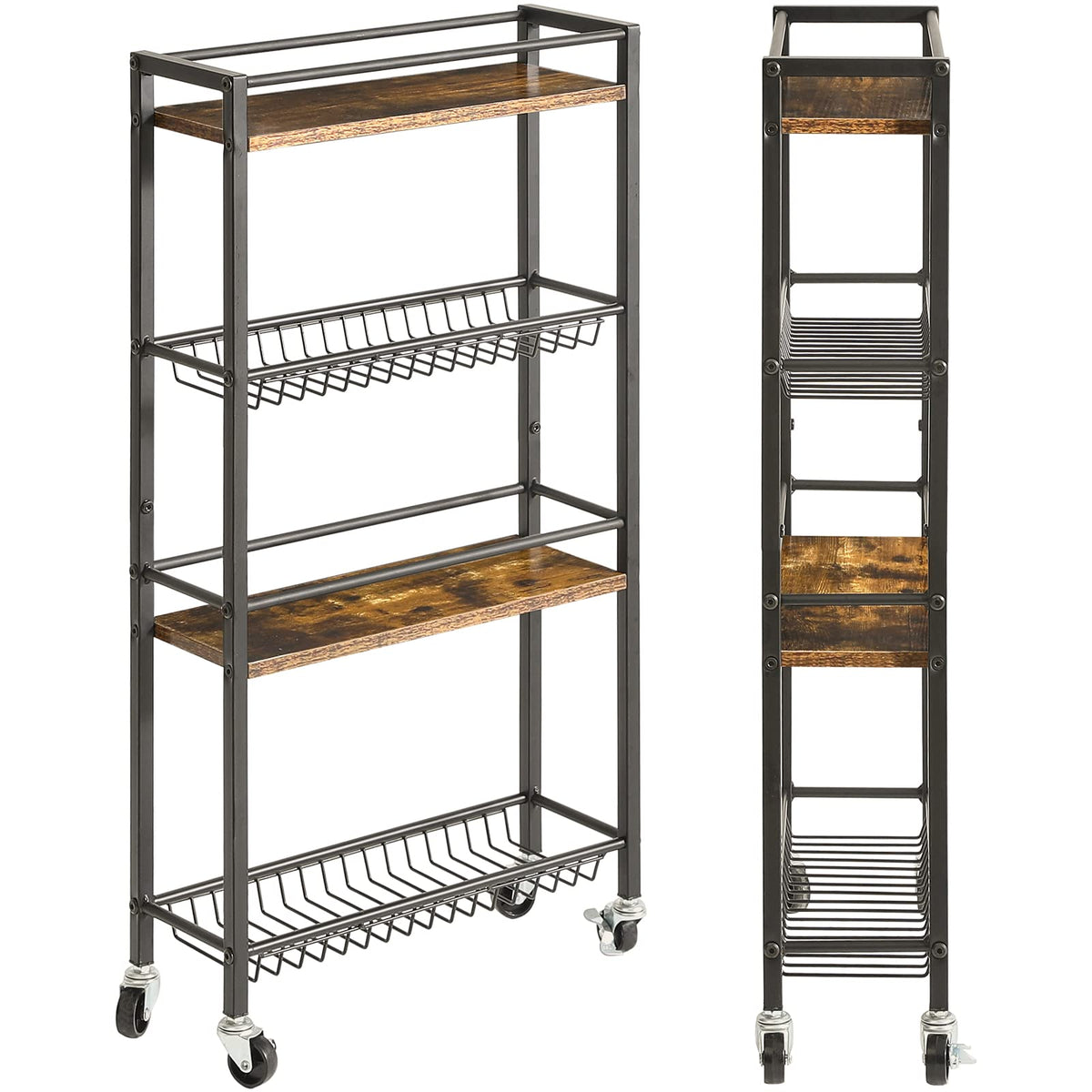 YMYNY Kitchen Storage Rolling Cart 4 Tier on Wheels Rustic Brown HBR002H