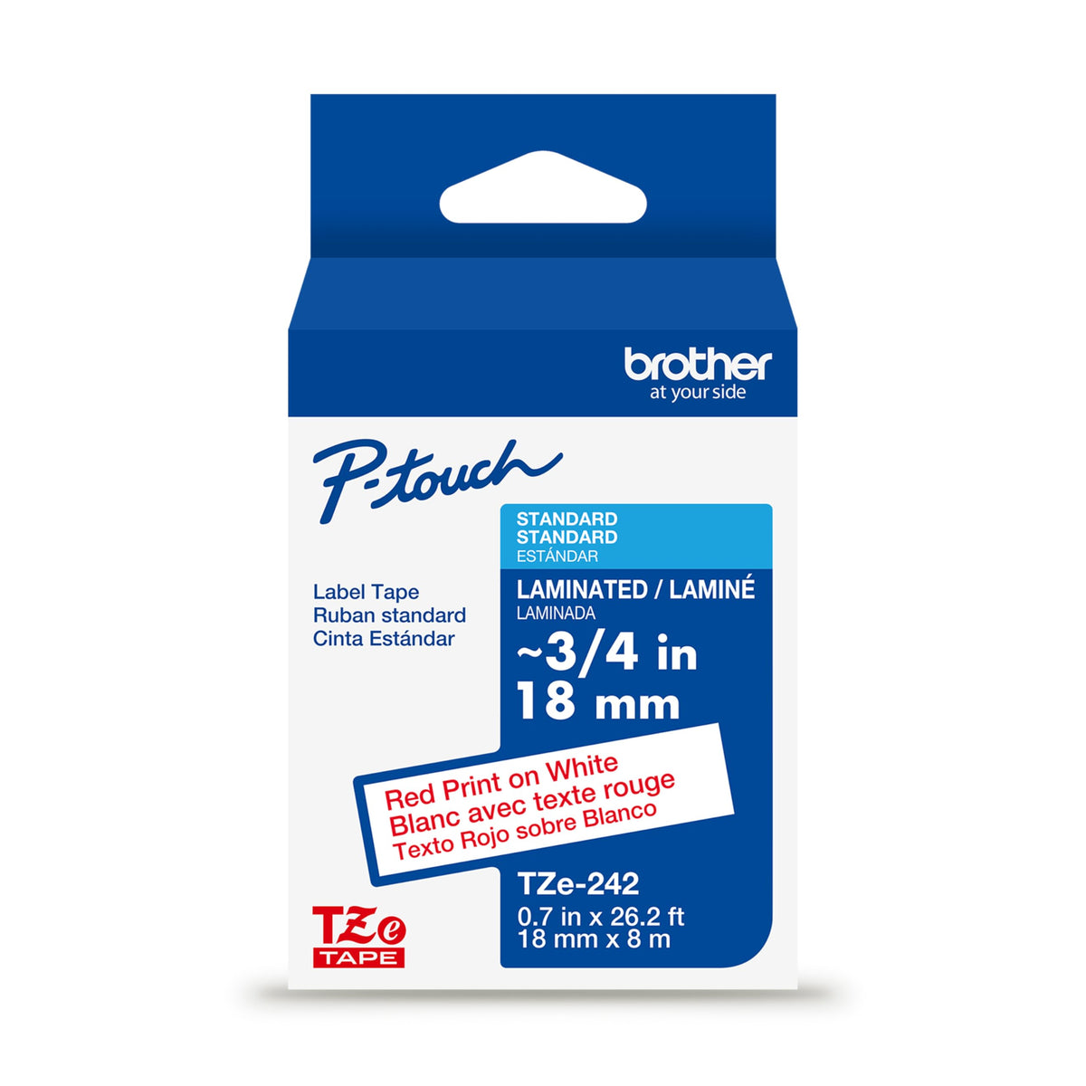 Brother Genuine P-Touch TZe Red Print on White Label Tape (TZe242), Laminated,3/4in x 26.2ft (18mm