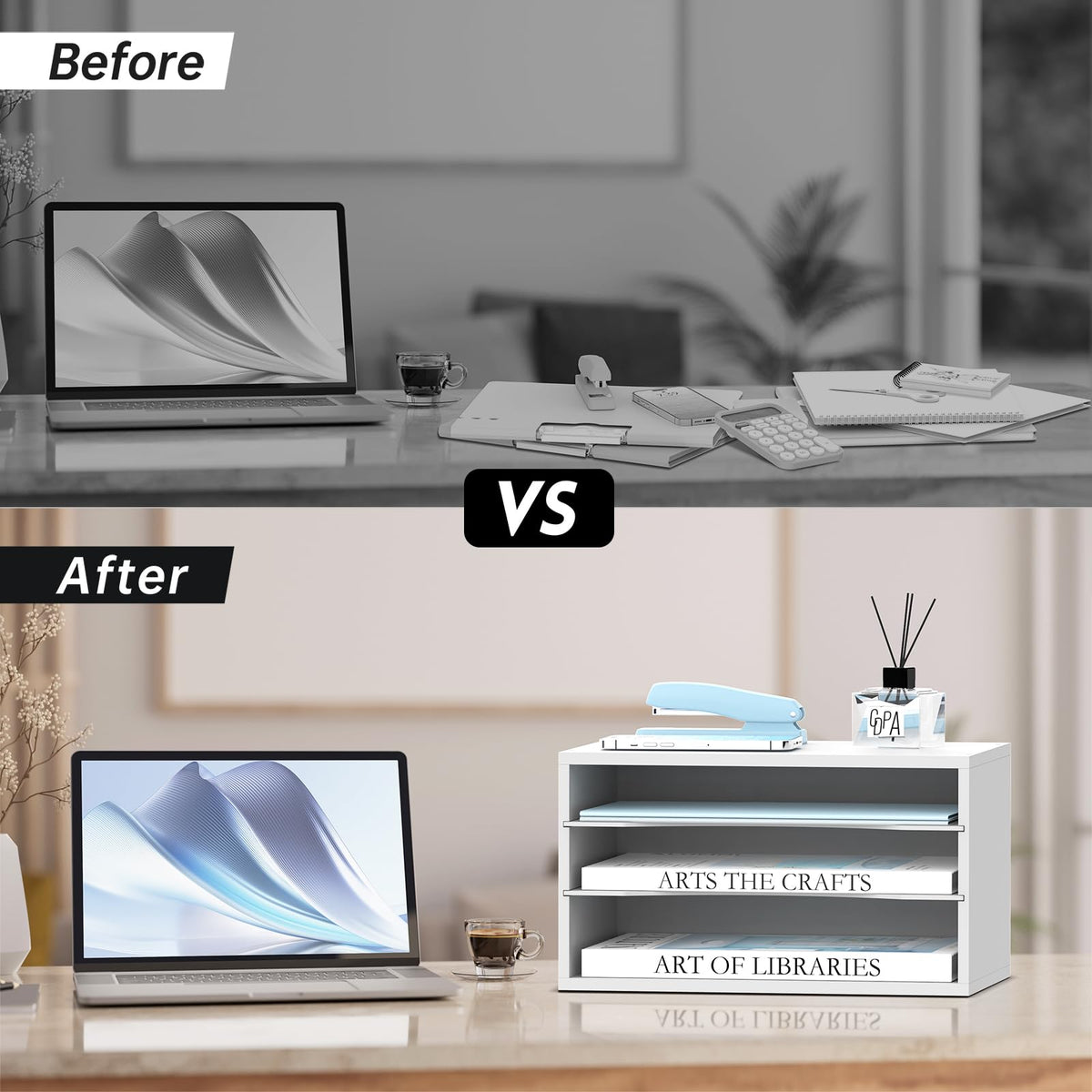 3 Tier Wood Desk Organizer, Mail Sorter and Paper Organizer for Desk, White