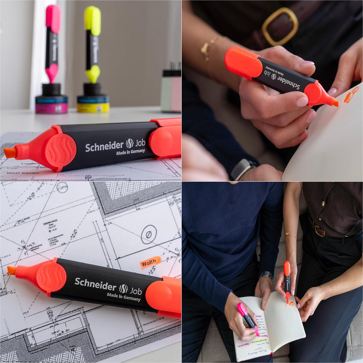 Schneider Job Highlighter, Chisel Tip, 1 + 5 mm, Black Barrel, Coral Ink, Box of 10 Highlighters