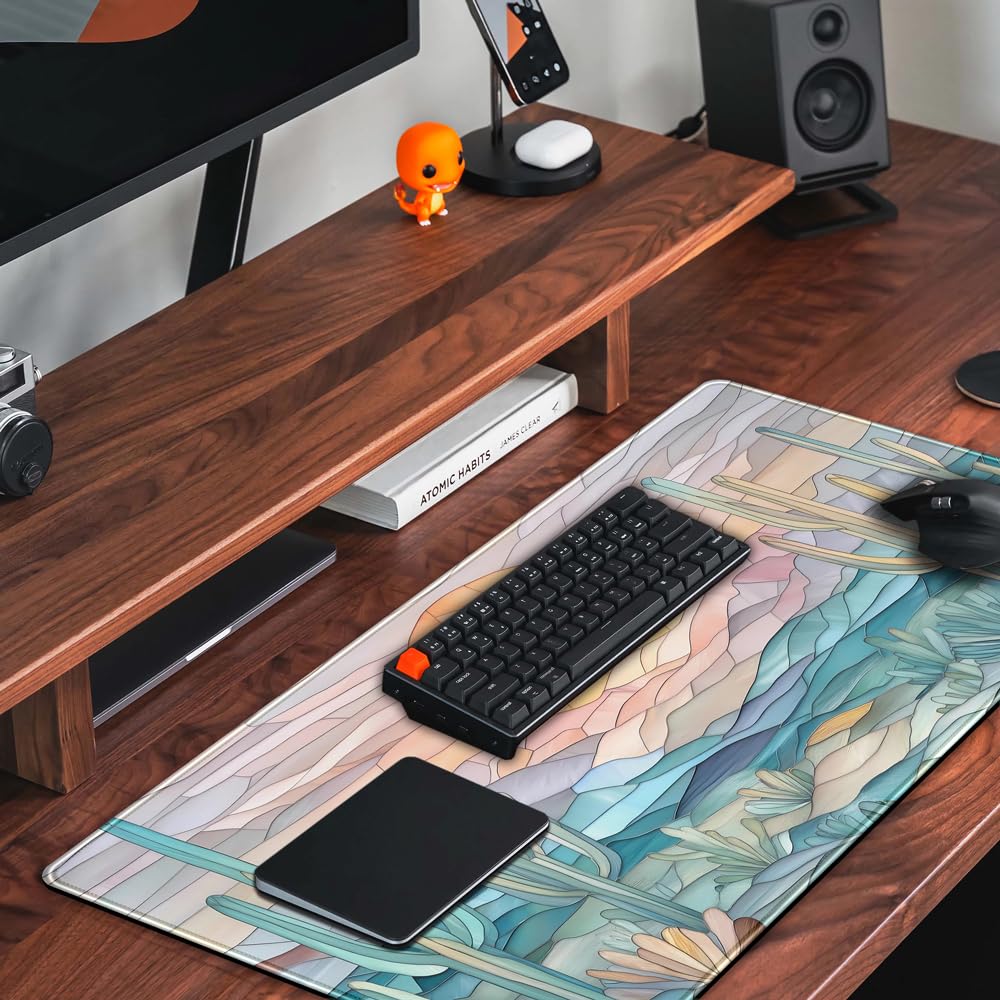 Desk Mat Gaming Abstract Ocean Desk Pad Large Mouse and Keyboard Pad, Faux Stained Glass Sun &