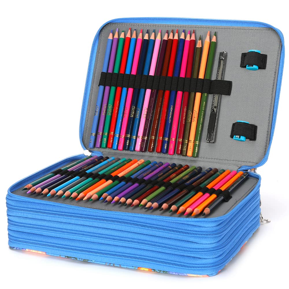 Vomgomfom 200 Slots Pencil Case 4-Layer PU Leather, Handle, Blue Flower