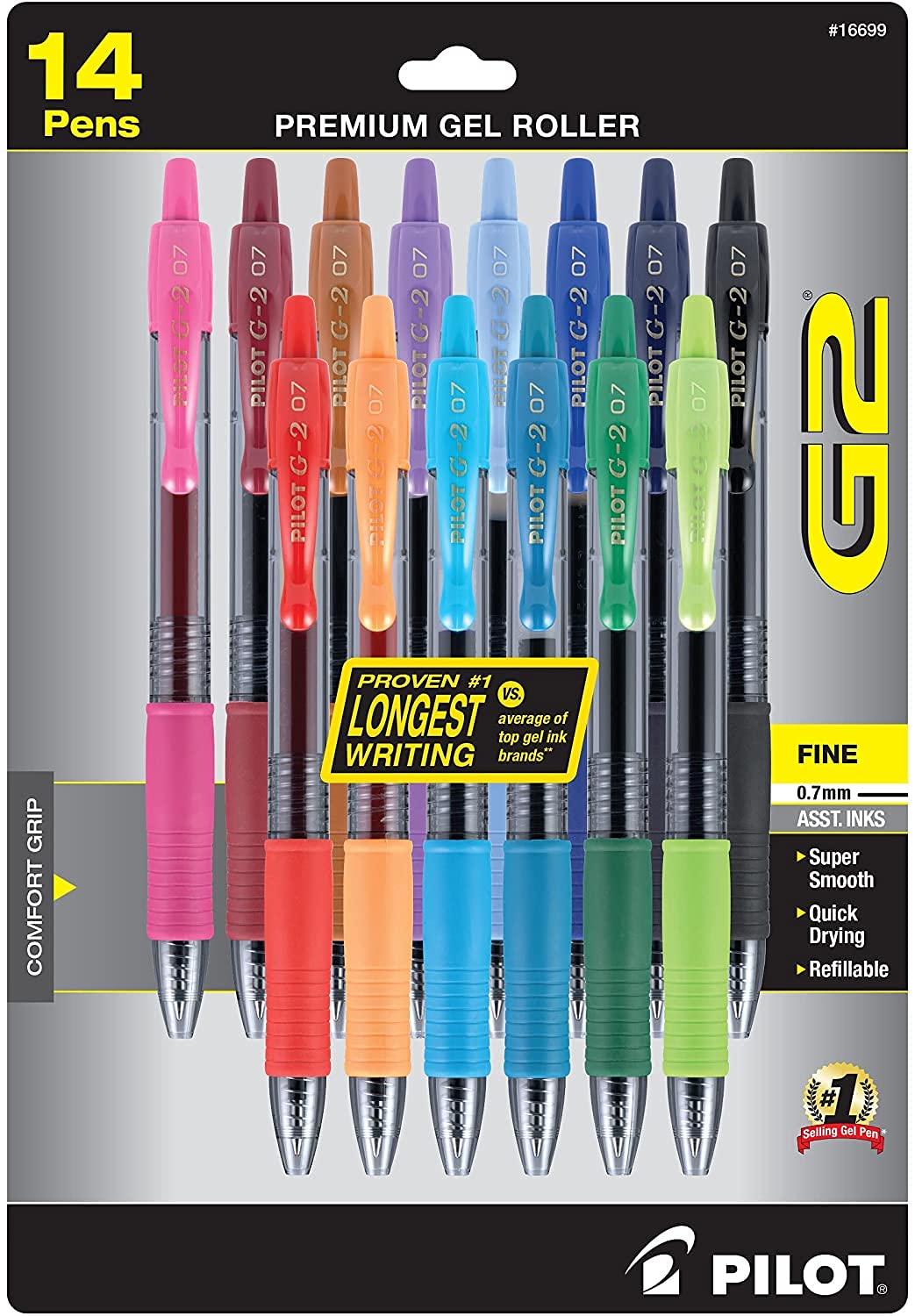 PILOT G2 Refillable and Retractable Gel Pens, 0.7mm, Assorted Inks, 14-Pack