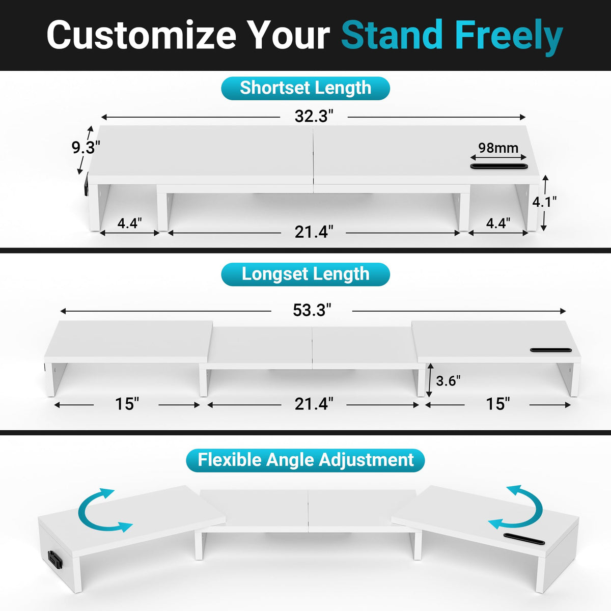 BONTEC Triple Monitor Stand Riser with Smartphone Holder, White
