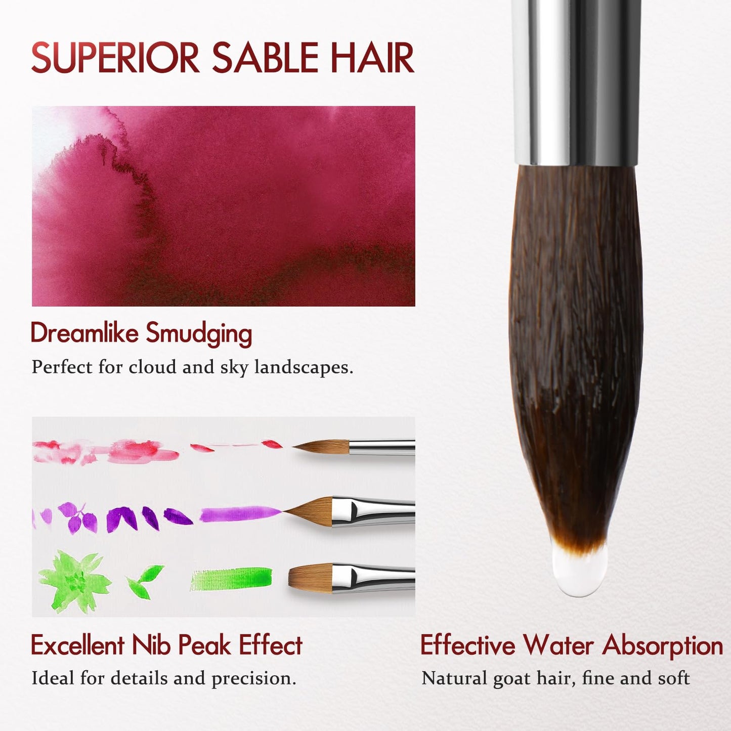 Sable Watercolor Paintbrushes Professional, lenbicki 9PCS Natural Hair Brush Set for Watercolor