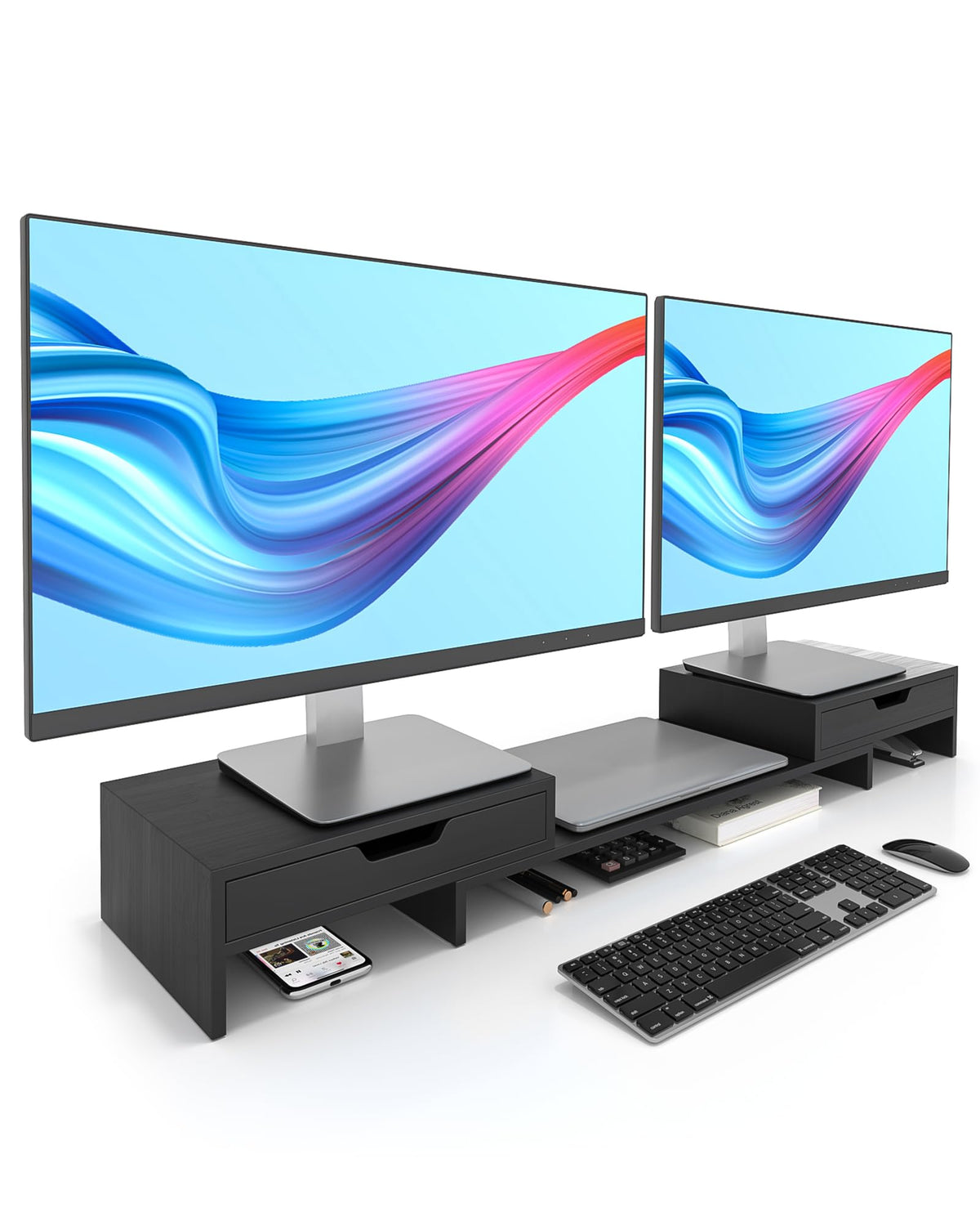 Epesoware Dual Monitor Riser with Two Drawer for Desk, No Assembly Required