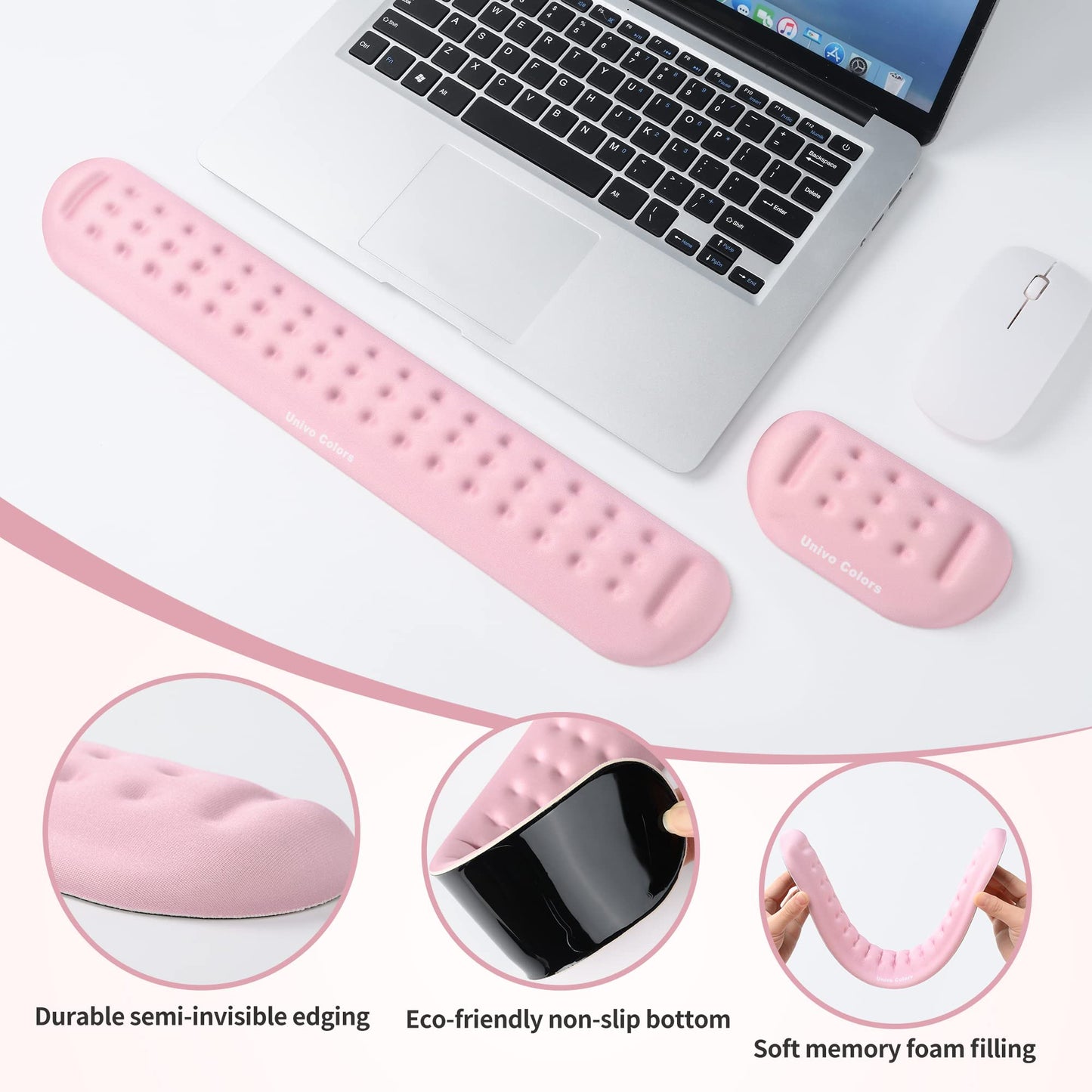UnivoColors Pink Keyboard Wrist Support and Mouse Wrist Rest Set, Made of Memory Foam Soft Gel